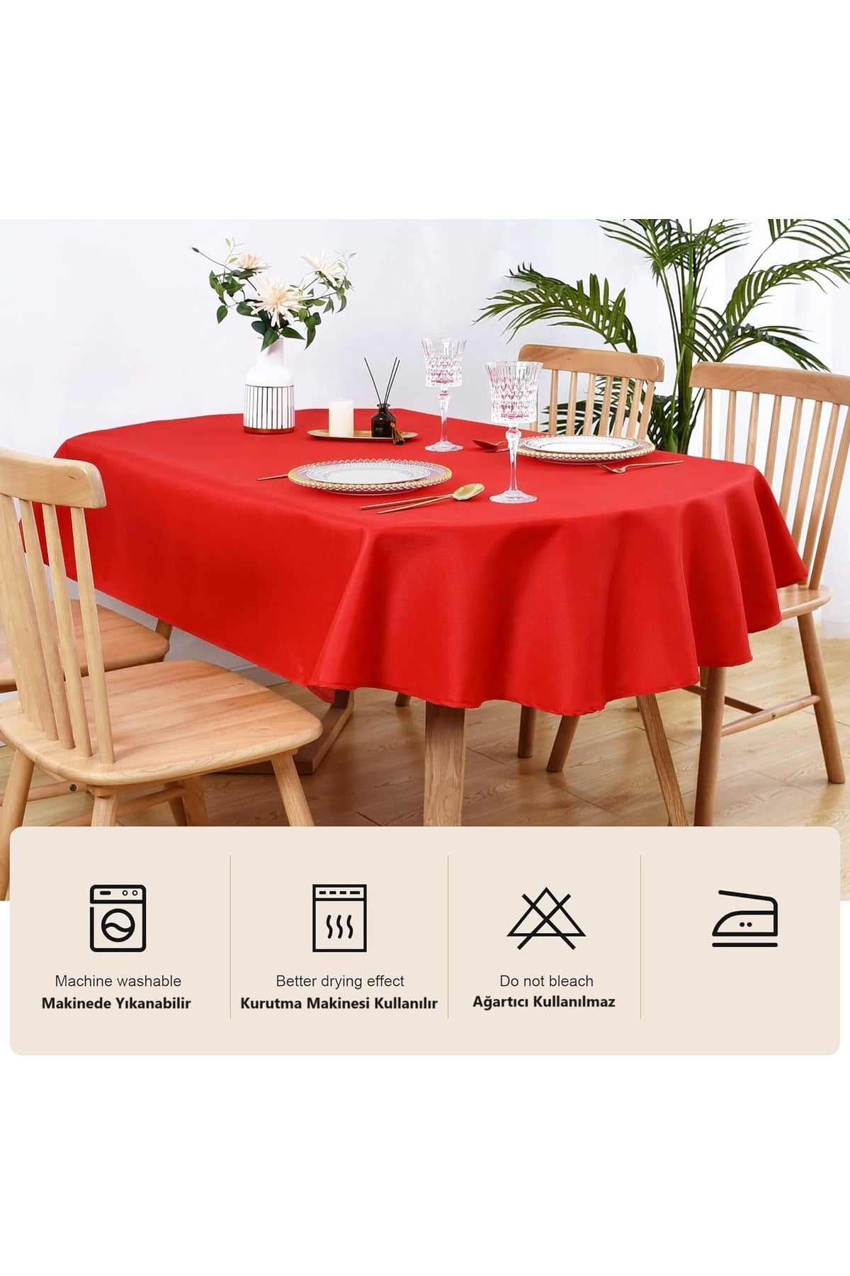 Sıvıya Dayanıklı Dertsiz Oval Masa Örtüsü Kırmızı 160 x 210