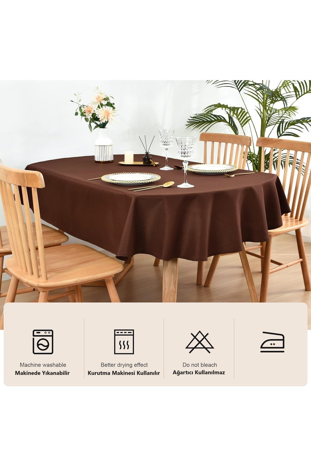 Sıvıya Dayanıklı Dertsiz Oval Masa Örtüsü Kahverengi 160 x 300