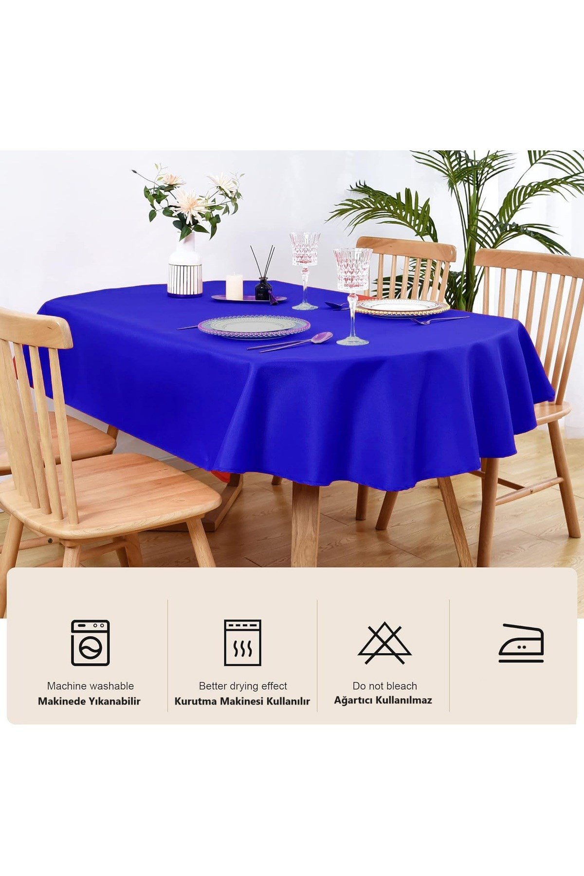 Sıvıya Dayanıklı Dertsiz Oval Masa Örtüsü Saks Mavi 160 x 270