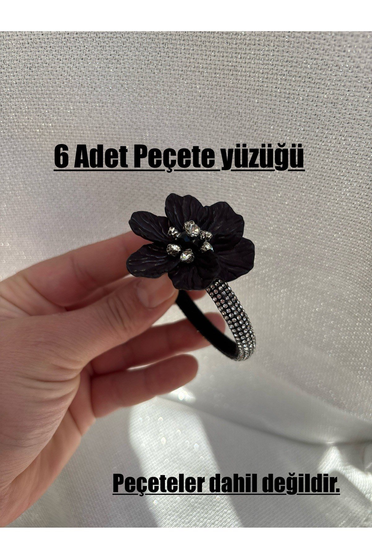 Siyah Çiçek Taşlı Zarif Peçete Yüzüğü