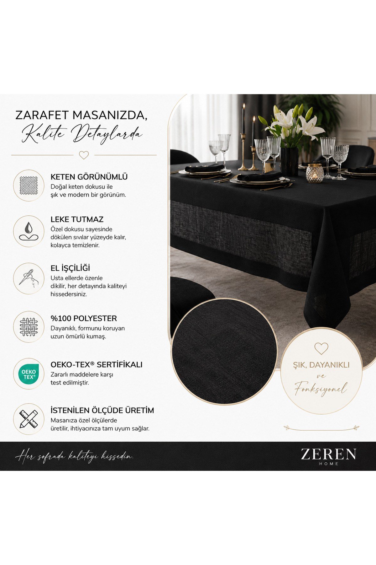 Siyah Şık Masa Örtüsü | Keten Görünümlü, Leke Tutmaz, El İşçiliği, Özel Ölçü , OEKO-TEX