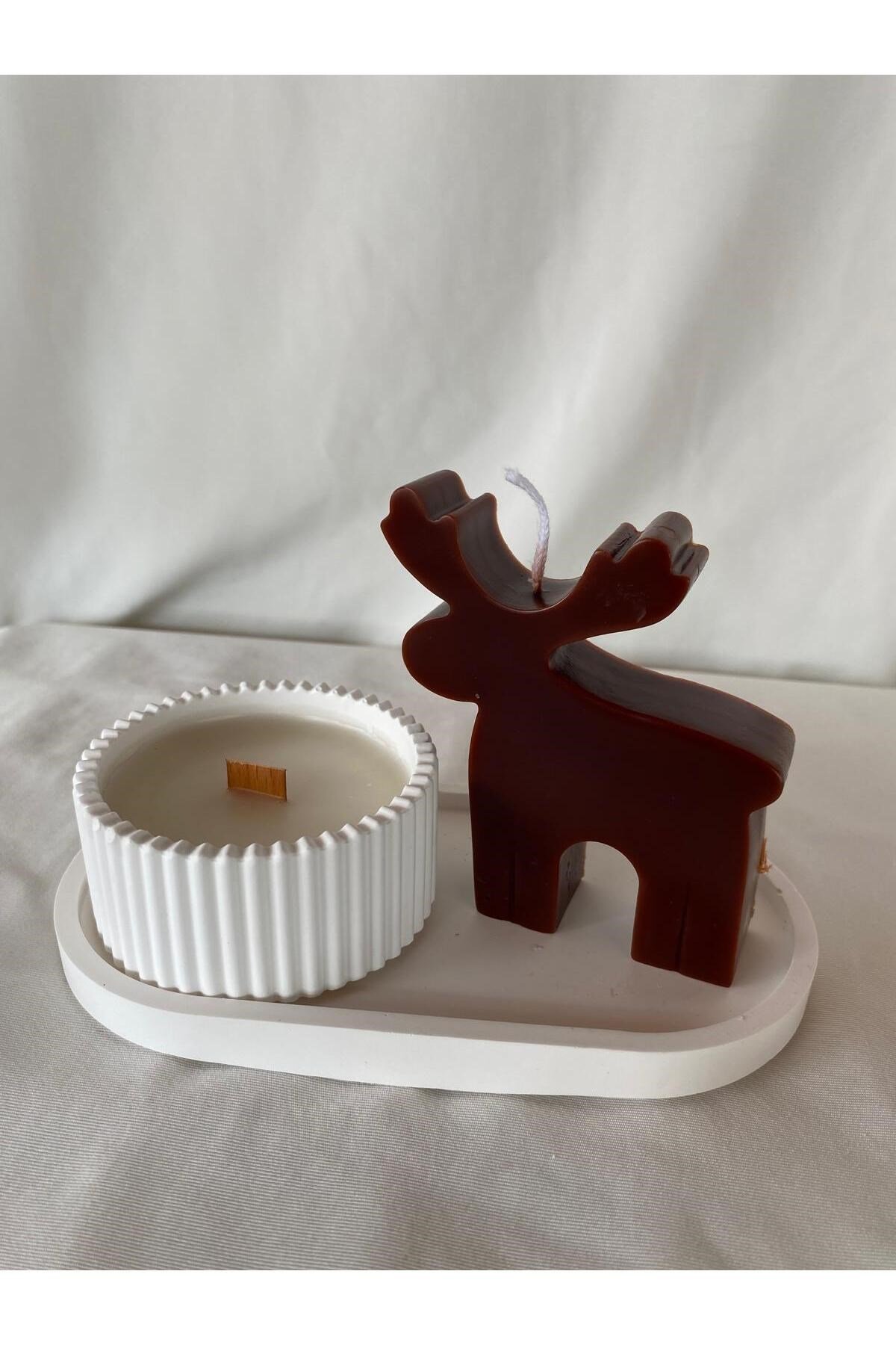 Şömine Sesli (ahşap fitilli) Kokulu Mum ve Geyik Mum + Tabak seti ( 3 Parça set)