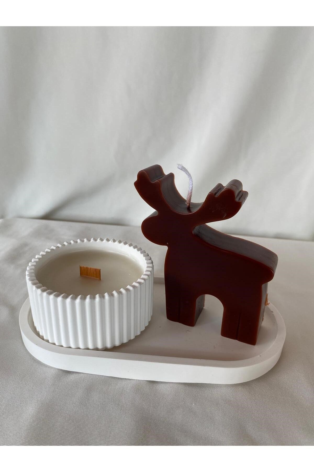 Şömine Sesli (ahşap fitilli) Kokulu Mum ve Geyik Mum + Tabak seti ( 3 Parça set)