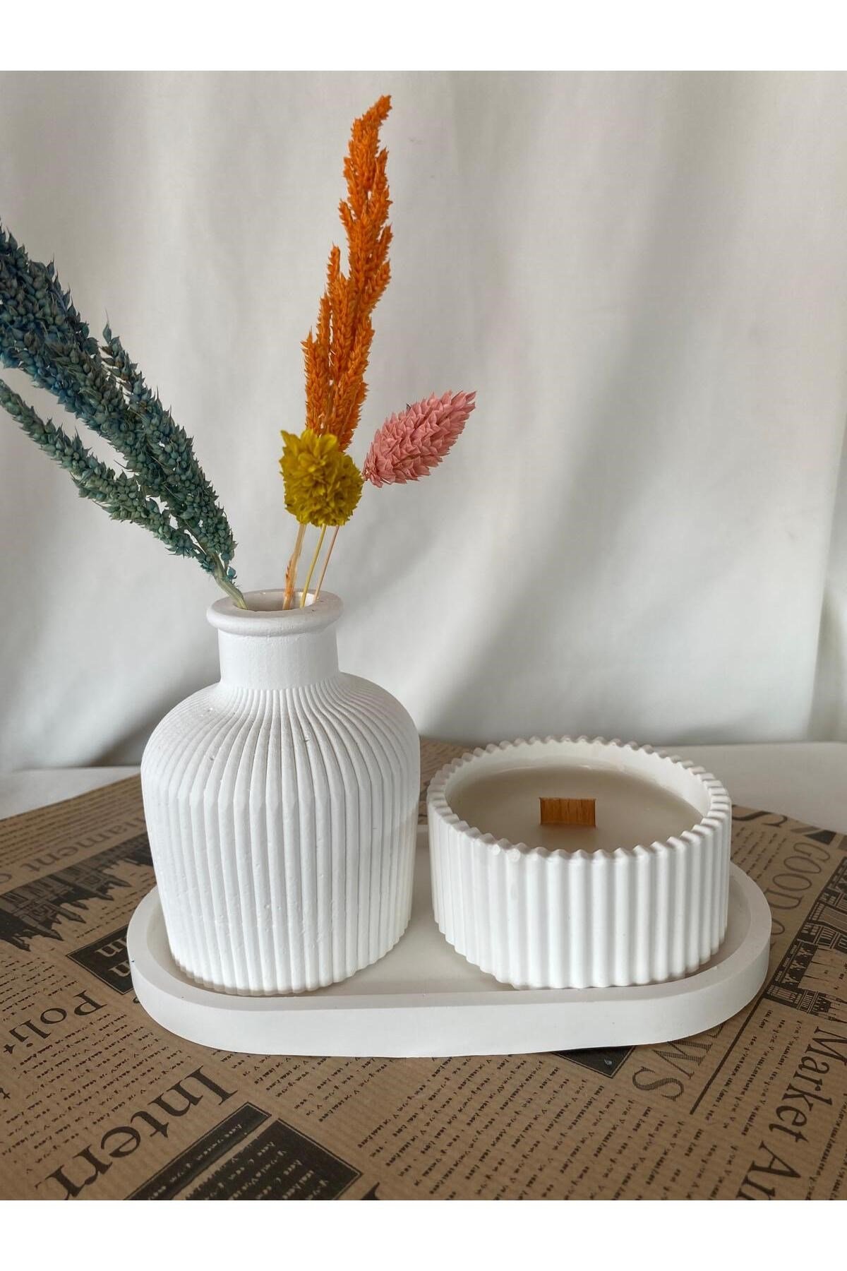 Şömine Sesli (ahşap fitilli) Kokulu Mum +Vazo + Tabak seti ( 3 Parça set)