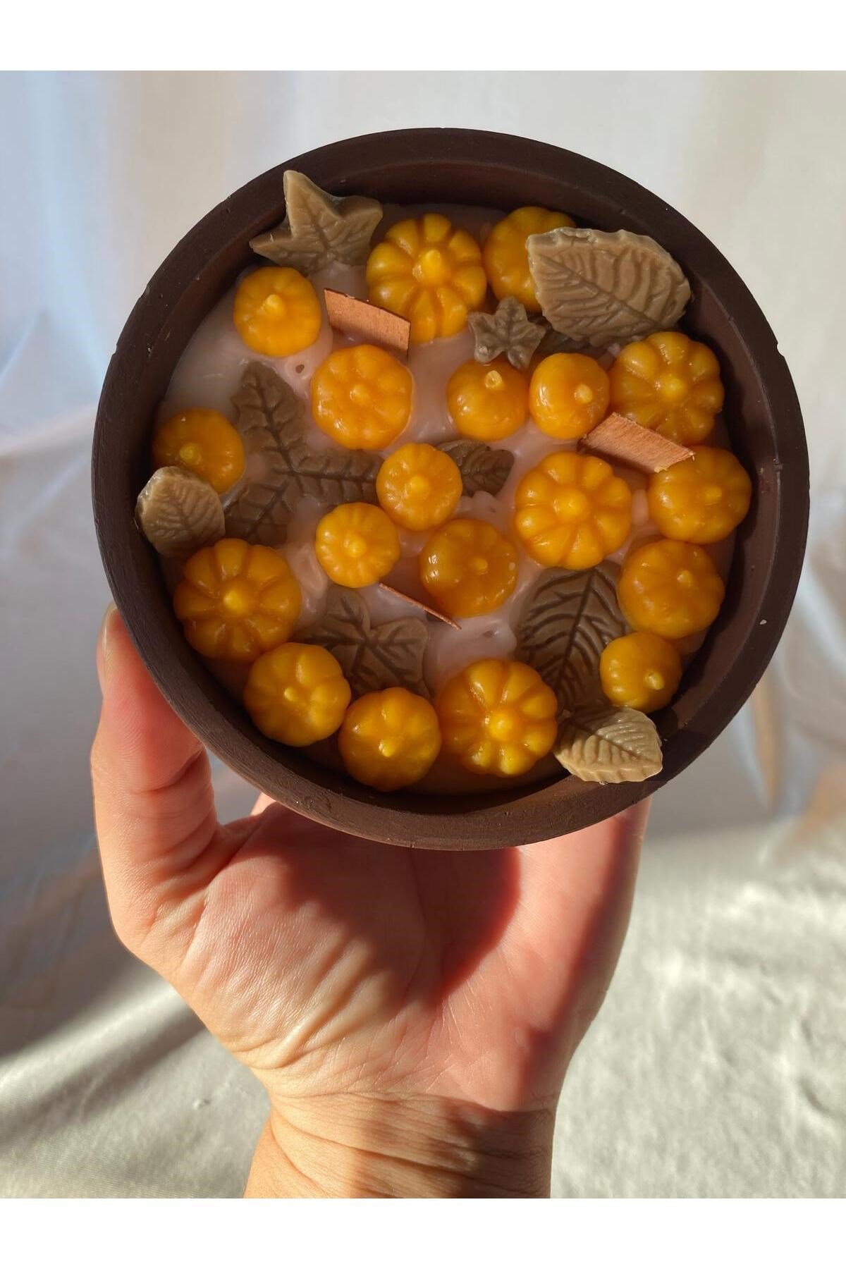 Sonbahar Mumu - Balkabağı ve Yapraklı Büyük Kase Beton Mum