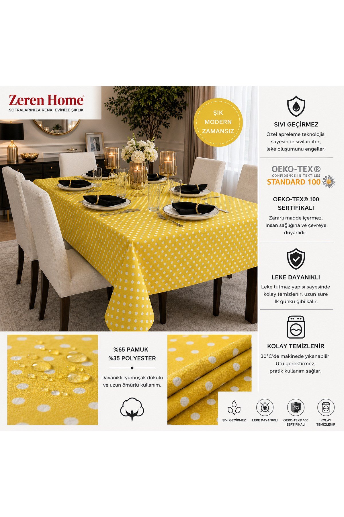 Sunshine Sarı Puantiyeli Masa Örtüsü | Sıvı Geçirmez & Leke Tutmaz | Özel Ölçü Üretim | OEKO-TEX® 100