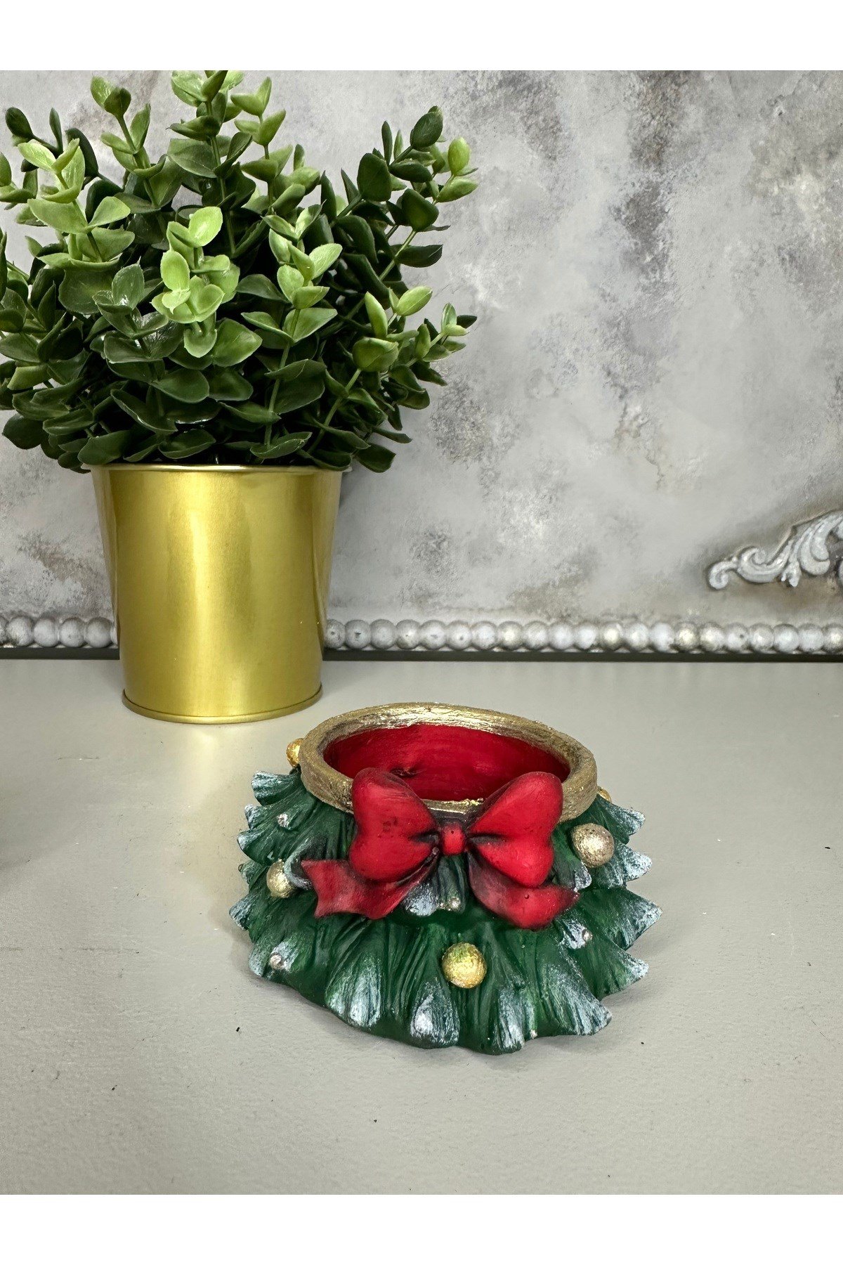 Yılbaşı Hediyesi Çamlı Mumluk Kurdele Detaylı 9X9 CM