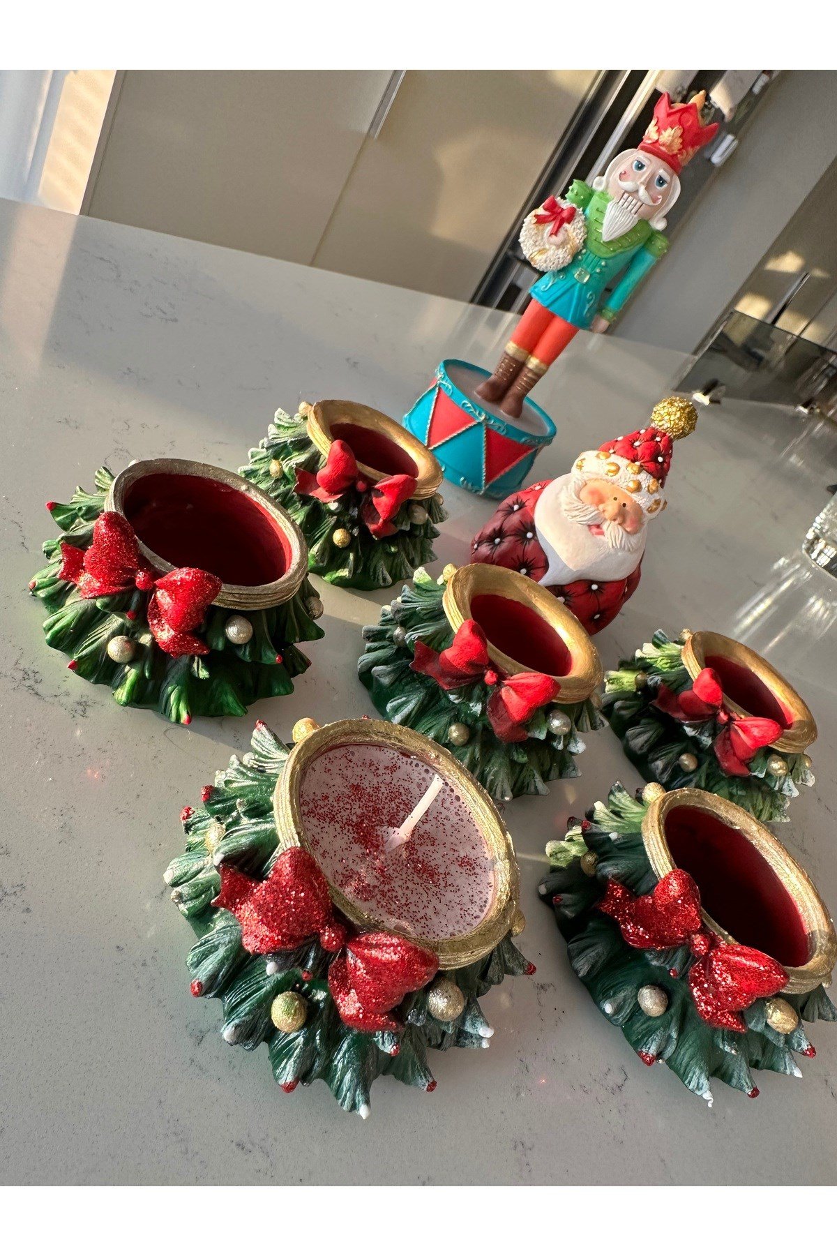 Yılbaşı Hediyesi Çamlı Mumluk Kurdele Detaylı 9X9 CM