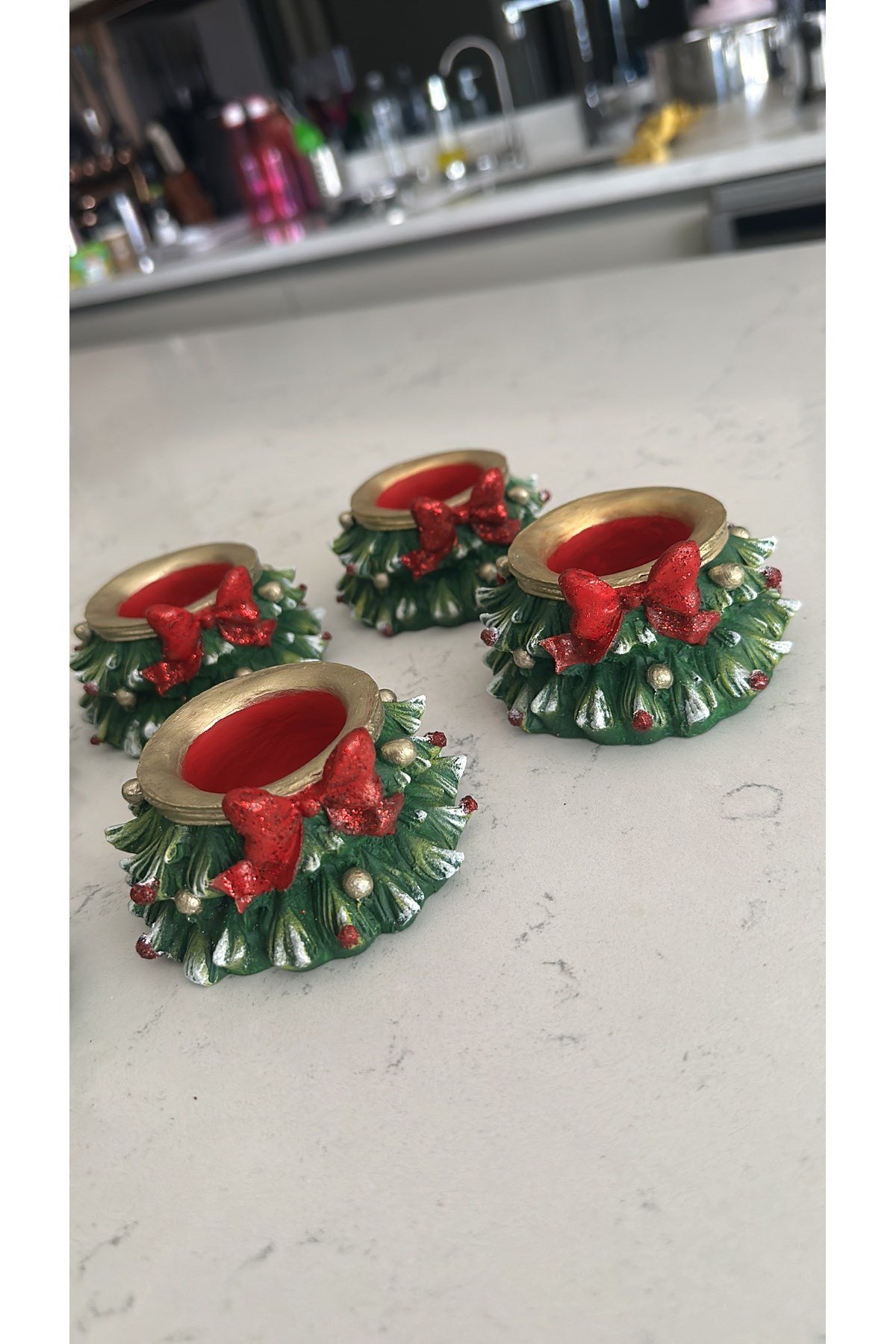 Yılbaşı Hediyesi Çamlı Mumluk Kurdele Detaylı 9X9 CM