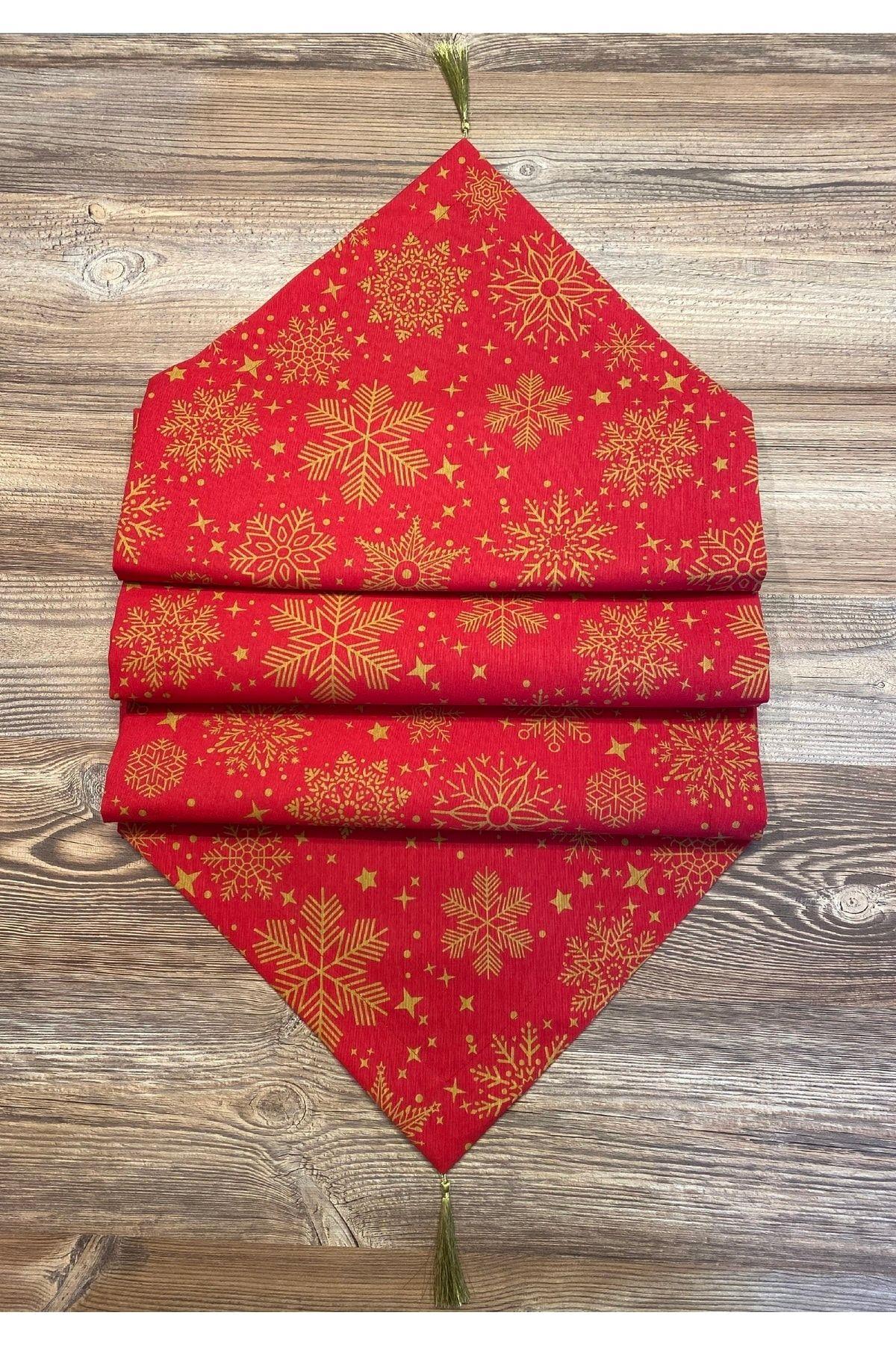 Yılbaşı Özel Püsküllü Runner, Yılbaşı Temalı Özel Dikim Keten Kumaş, Christmas Runner (45x180 Cm)