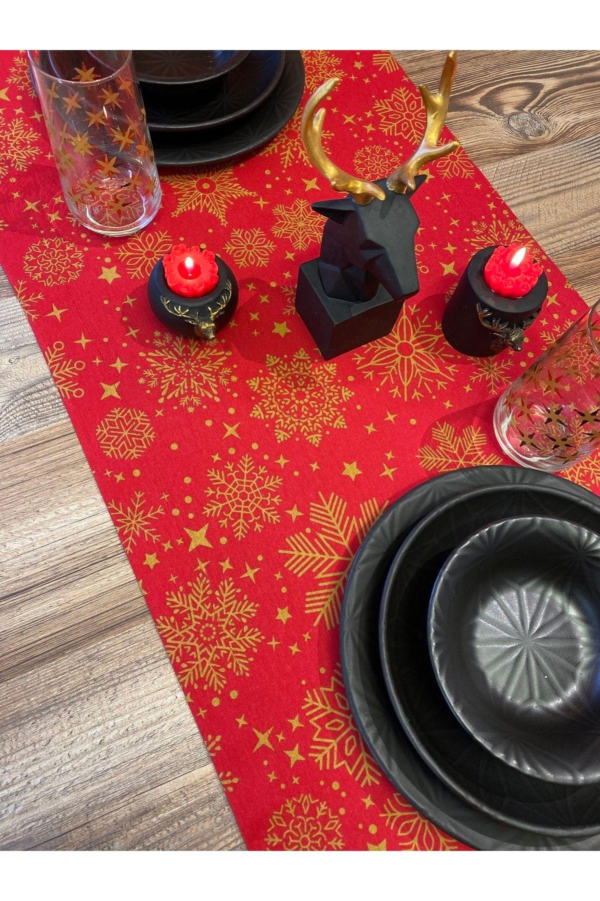 Yılbaşı Özel Püsküllü Runner, Yılbaşı Temalı Özel Dikim Keten Kumaş, Christmas Runner (45x180 Cm)