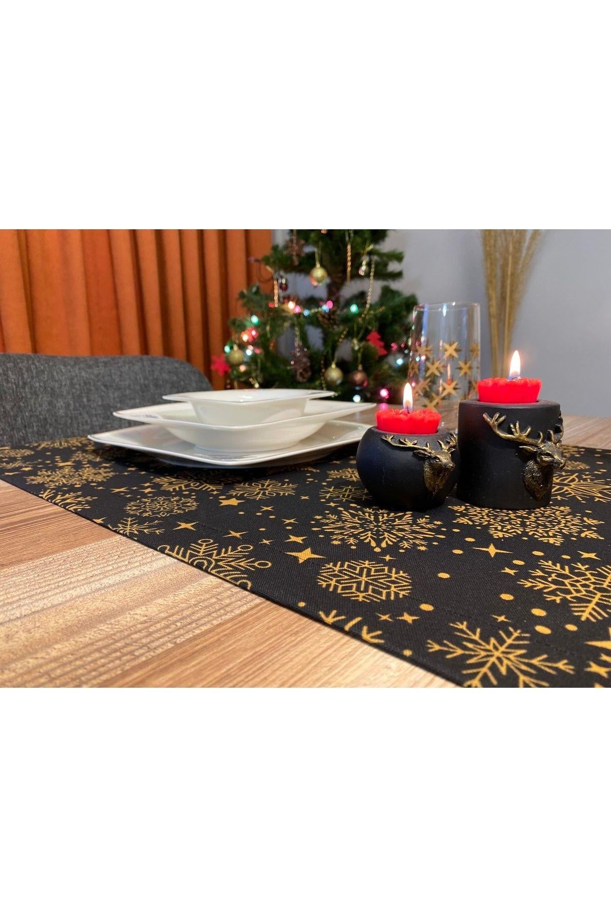 Yılbaşı Özel Runner, Yılbaşı Temalı Özel Dikim Duck Kumaş Gold-siyah ( 45x180 Cm )