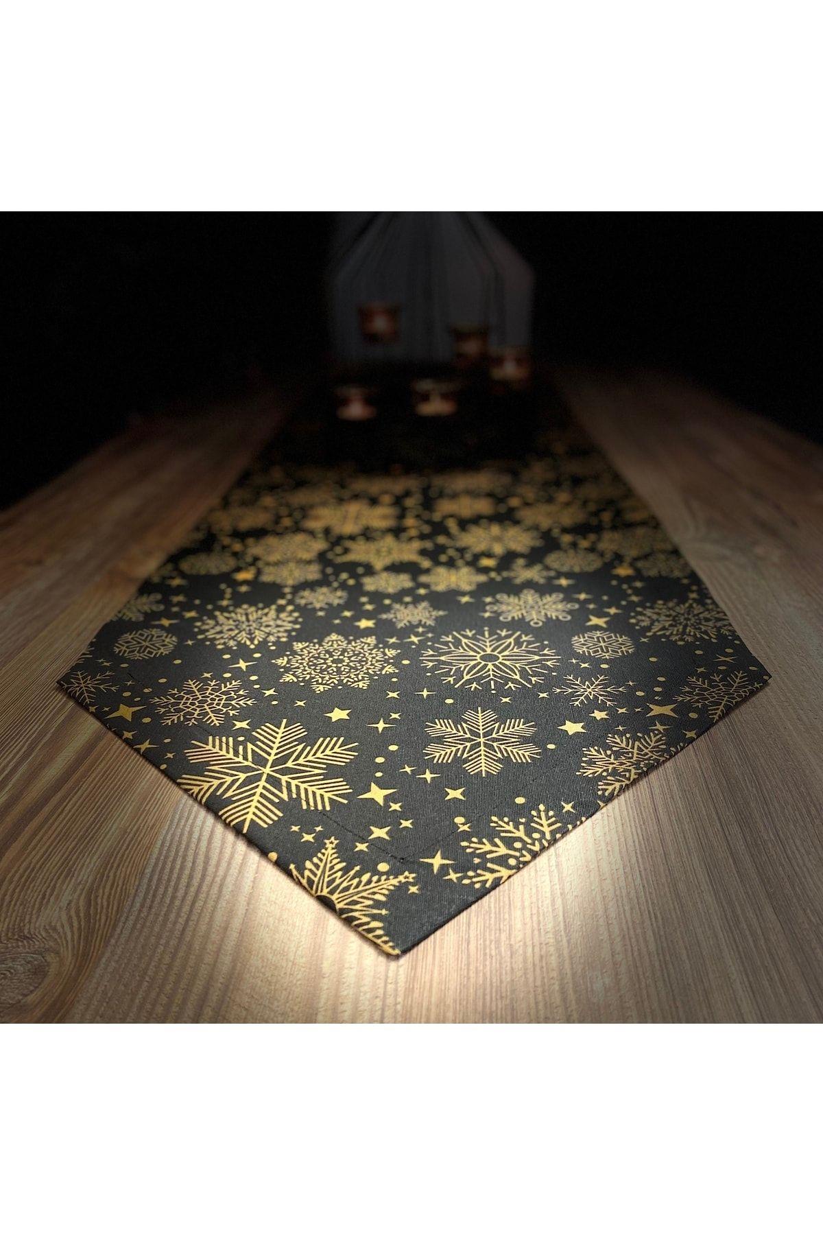 Yılbaşı Özel Runner, Yılbaşı Temalı Özel Dikim Duck Kumaş Gold-siyah ( 45x180 Cm )
