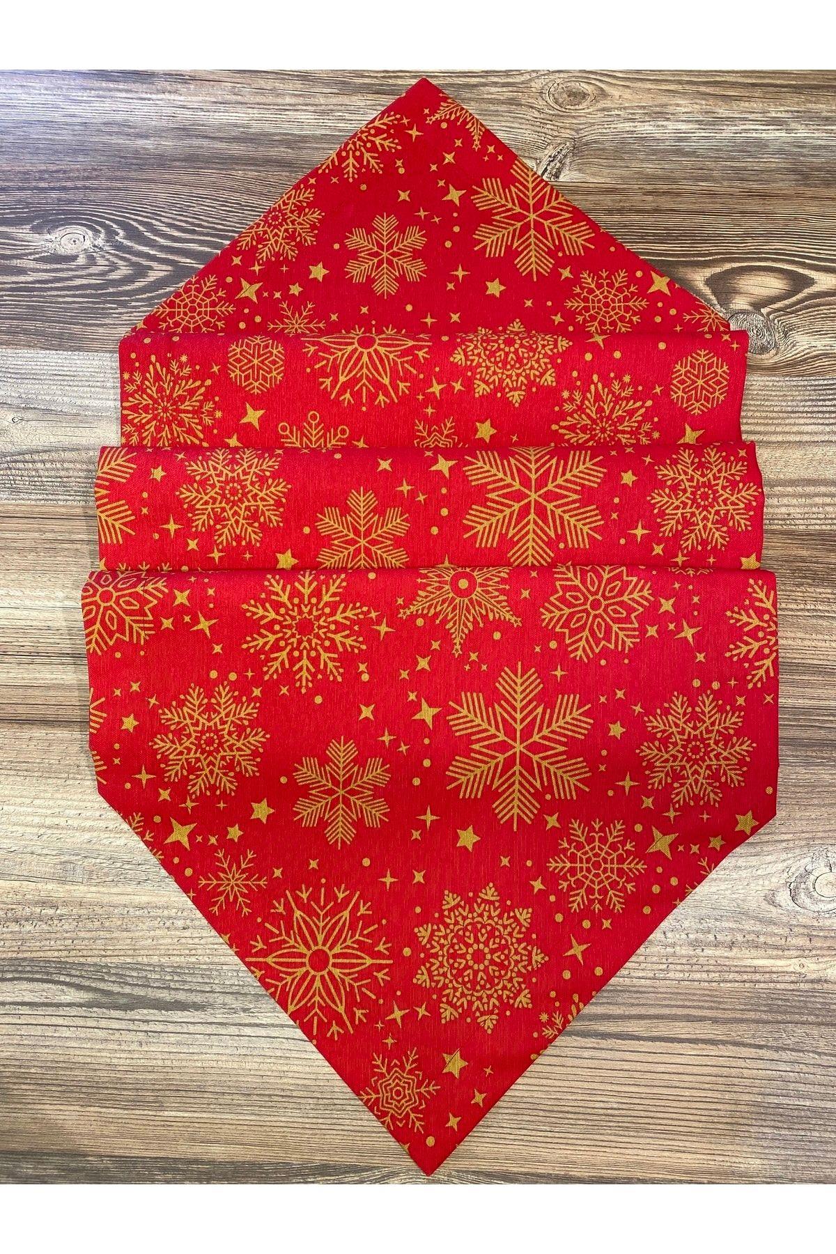 Yılbaşı Özel Runner, Yılbaşı Temalı Özel Dikim Duck Kumaş Gold - Kırmızı , Christmas ( 45x250 Cm )