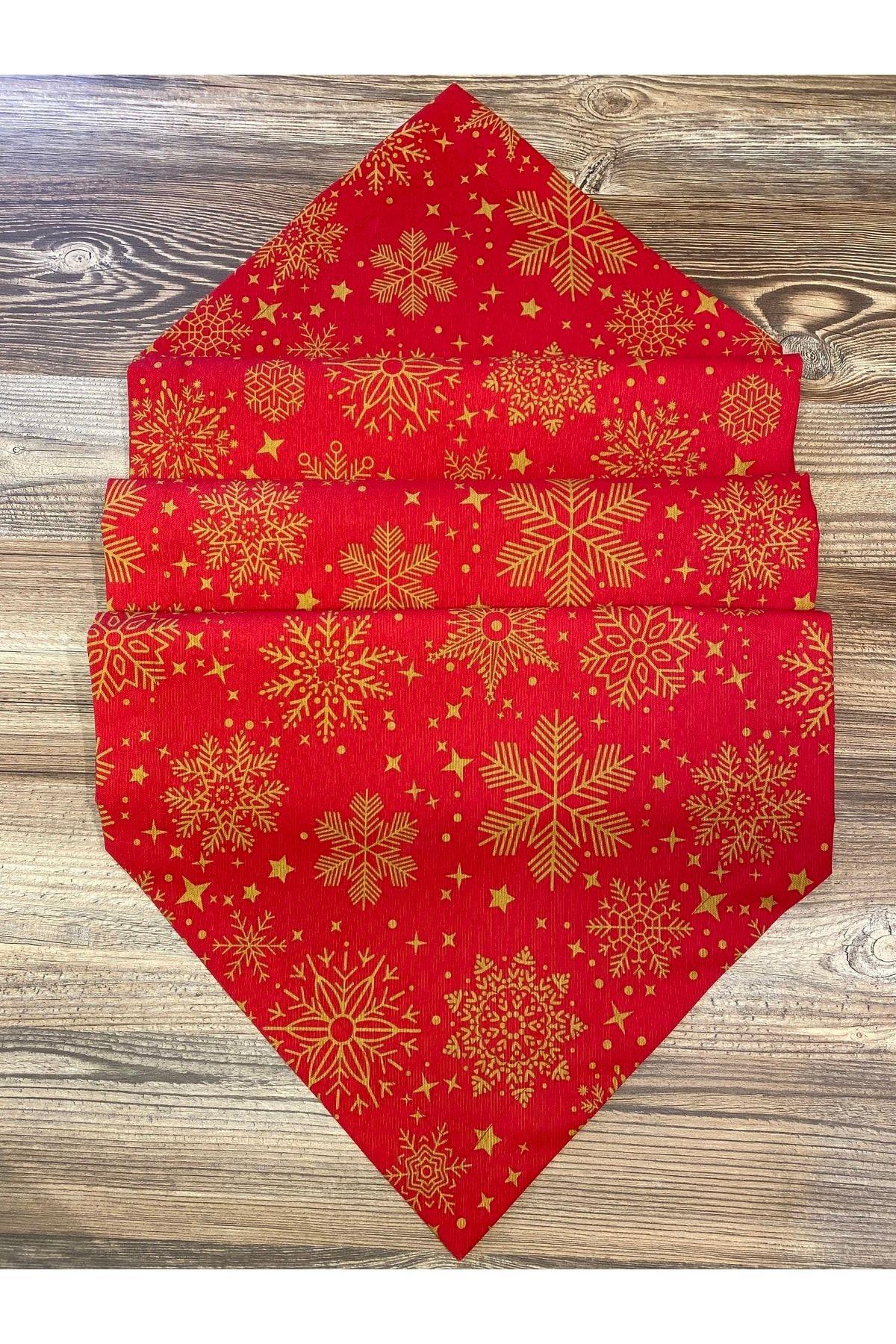 Yılbaşı Özel Runner, Yılbaşı Temalı Özel Dikim Duck Kumaş Gold - Kırmızı , Christmas ( 45x180 Cm )