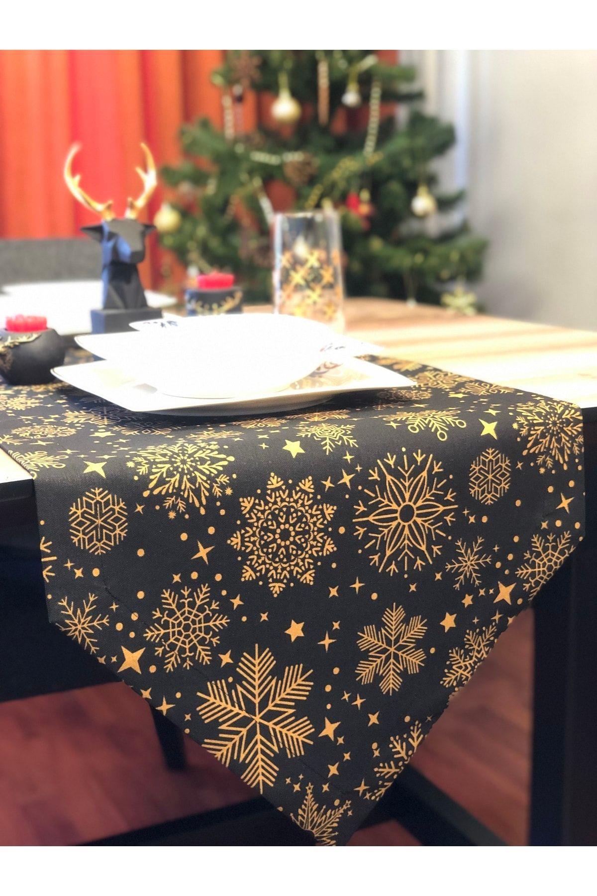 Yılbaşı Özel Runner, Yılbaşı Temalı Özel Dikim Duck Kumaş Gold-siyah ( 45x180 Cm )