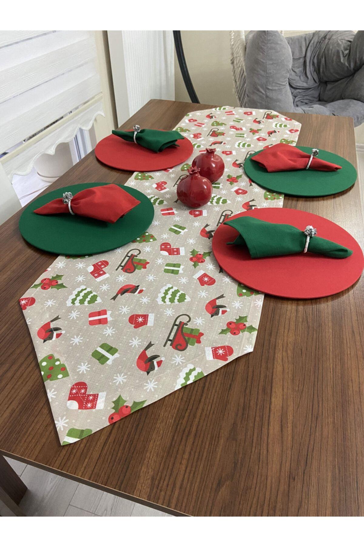 Yılbaşı Sofrası Runner , 4 Supla , 4 Servis Peçetesi , 4 Kişilik Set