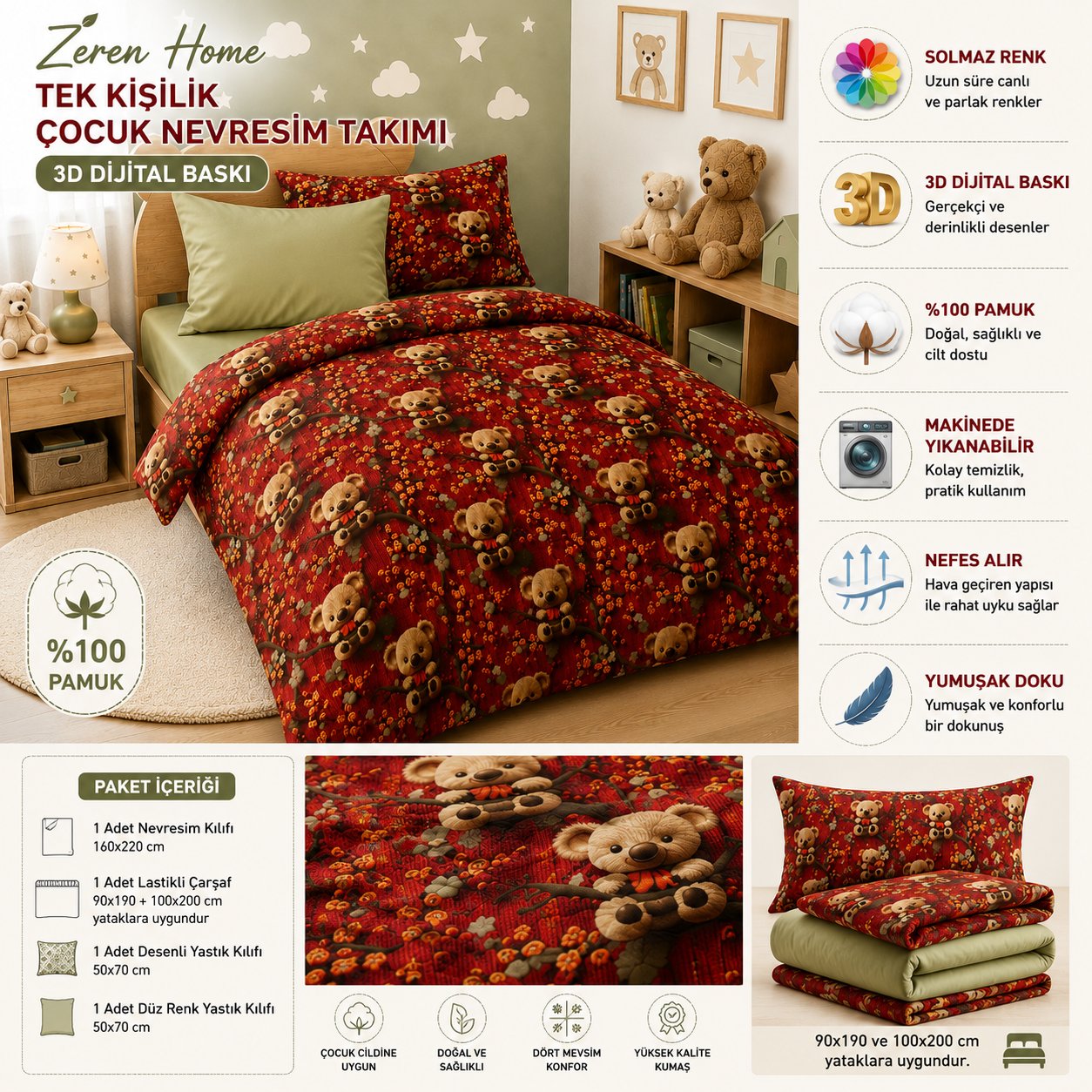 Zeren Home Ayıcıklı Çocuk Nevresim Takımı %100 Pamuk | 160x220 Nevresim + Lastikli Çarşaf + 2 Yastık Kılıfı | Yağ Yeşili Çarşaflı