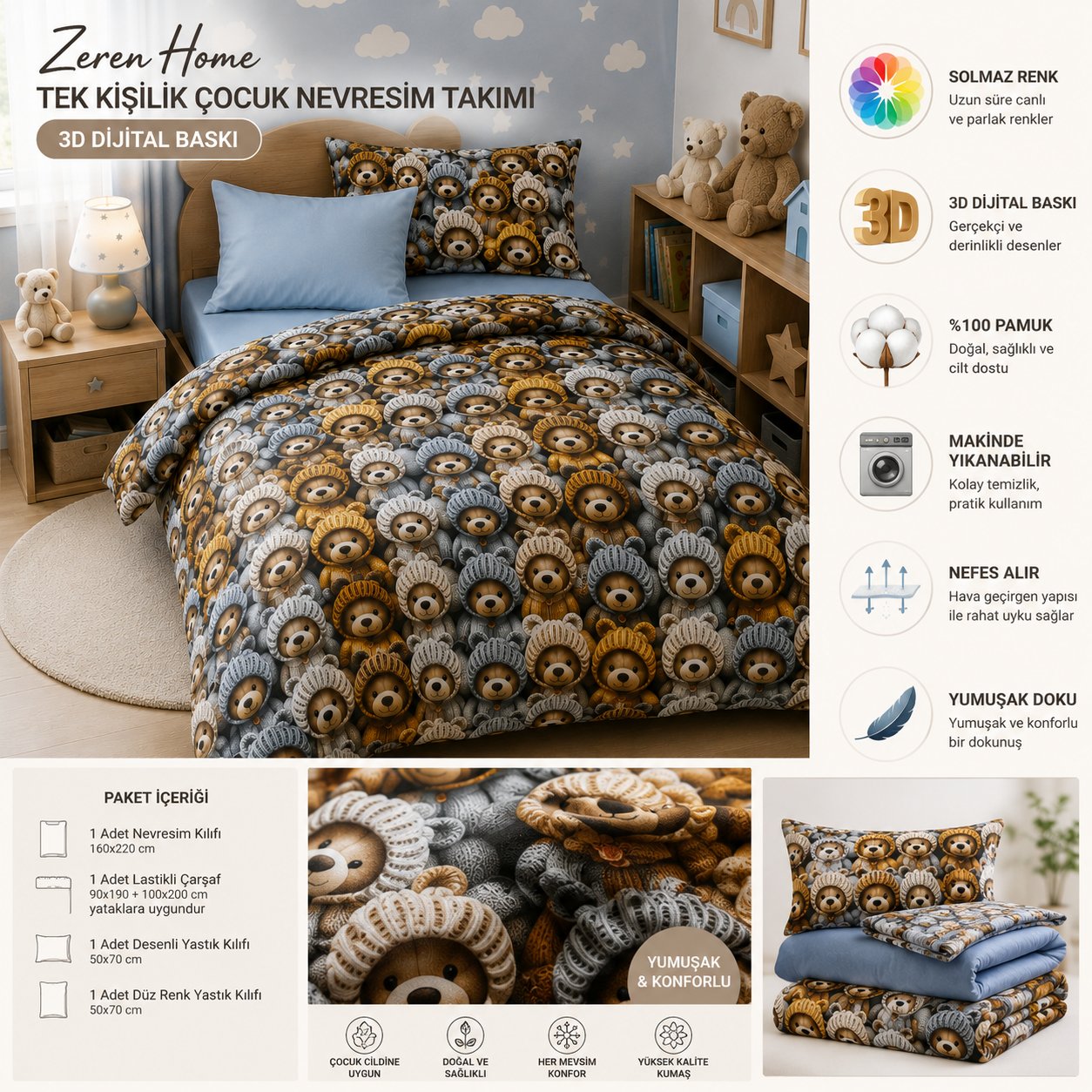 Zeren Home Ayıcıklı Çocuk Nevresim Takımı %100 Pamuk | 160x220 Nevresim + Lastikli Çarşaf + 2 Yastık Kılıfı | Mavi Çarşaflı
