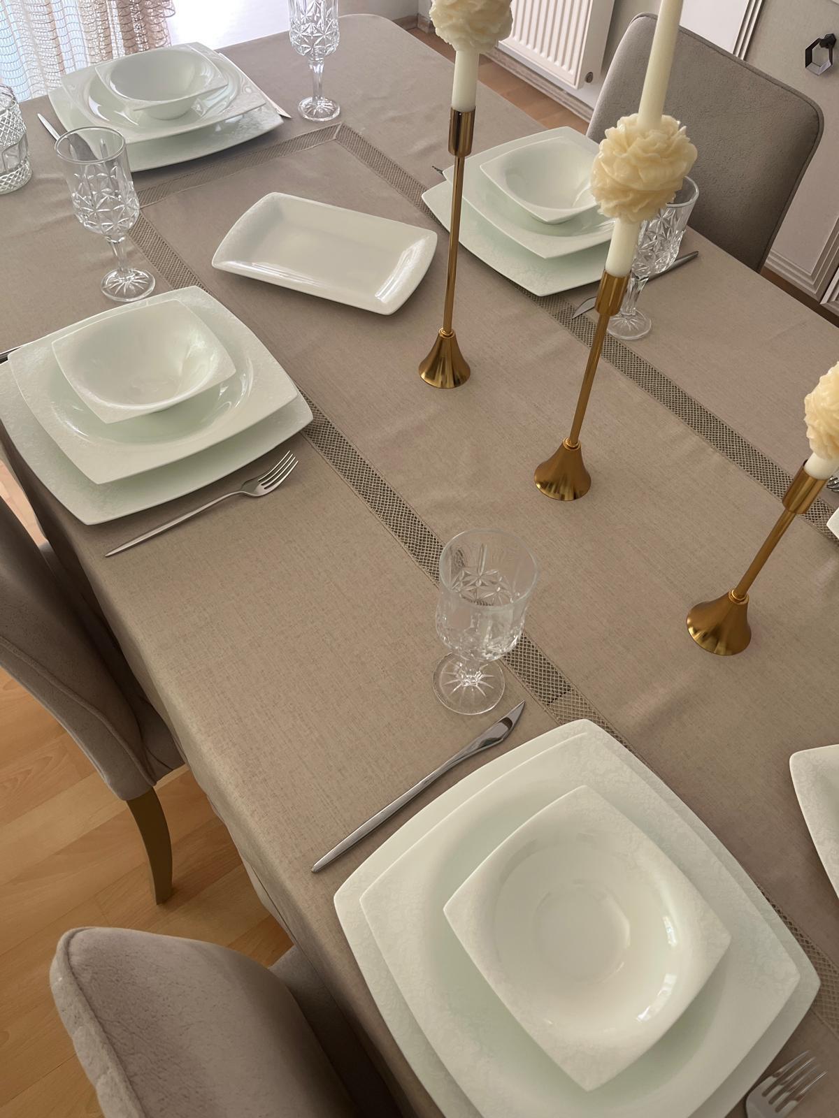 Zeren Home Fransız Dantel ve Piko Sarma Detaylı Dertsiz Çeyiz Salon Masa Örtüsü Kapuçino