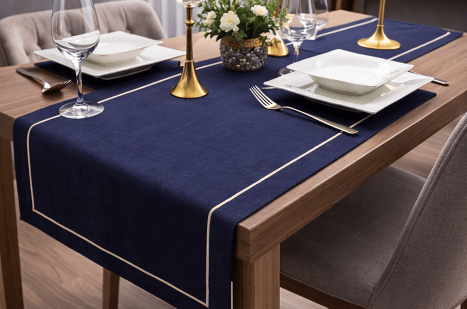 Zeren Home Polyester Keten Çeyiz Piko Sarma Detaylı Lacivert Runner 40 x 160 - 1 Adet