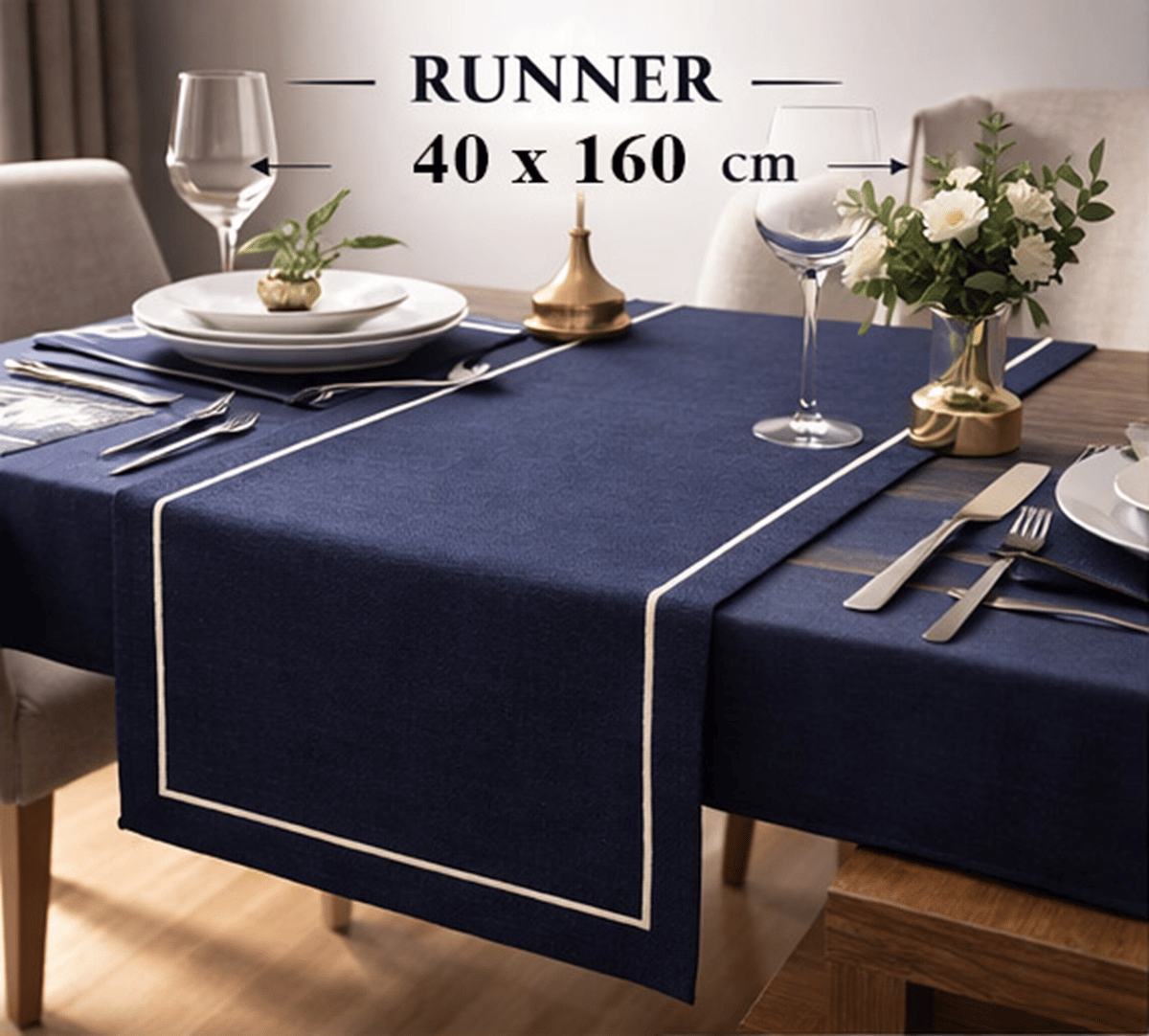 Zeren Home Polyester Keten Çeyiz Piko Sarma Detaylı Lacivert Runner 40 x 160 - 1 Adet