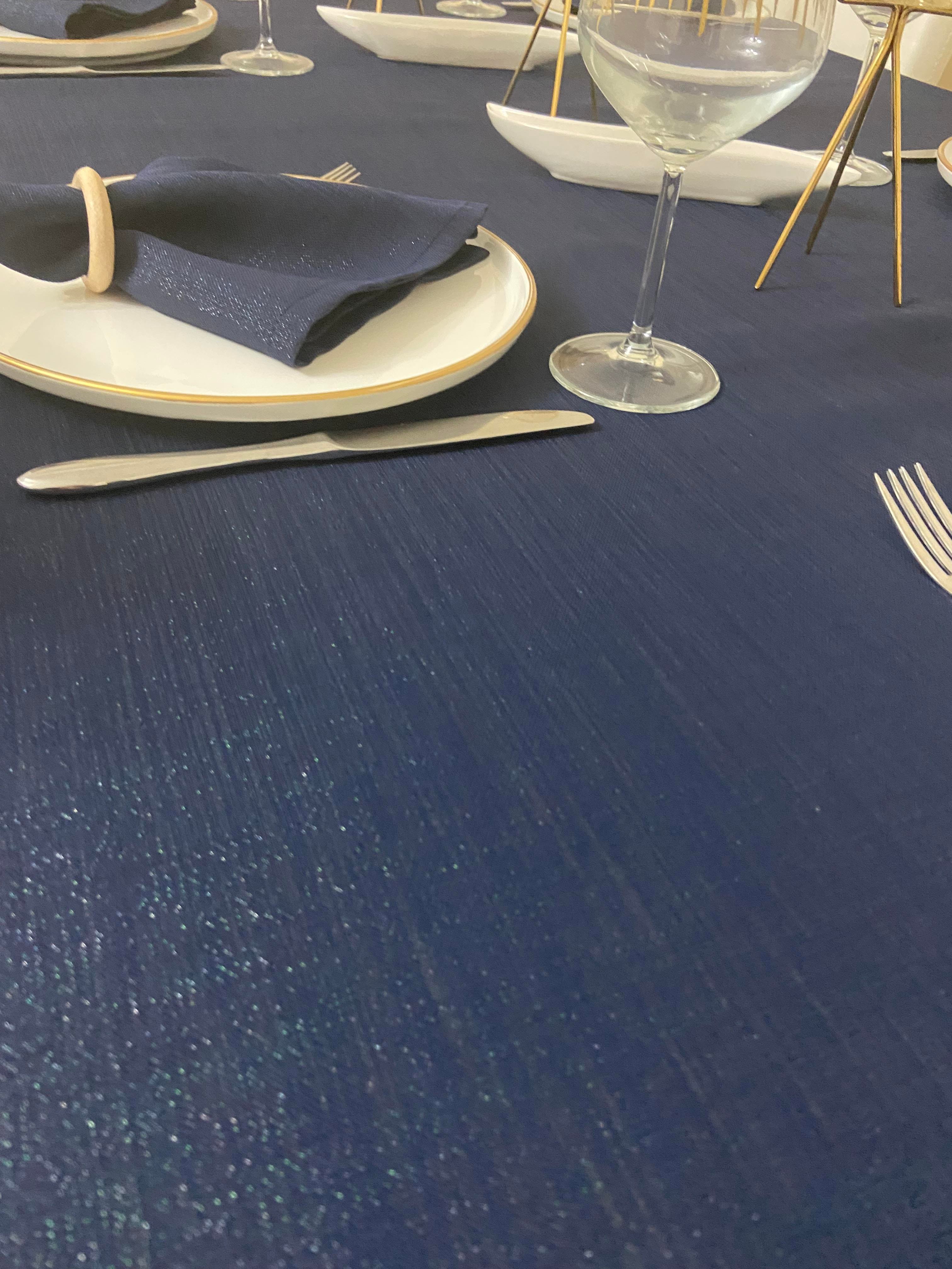 Zeren Home Polyester Keten Simli Oval Masa Örtüsü Lacivert + 6 Peçete