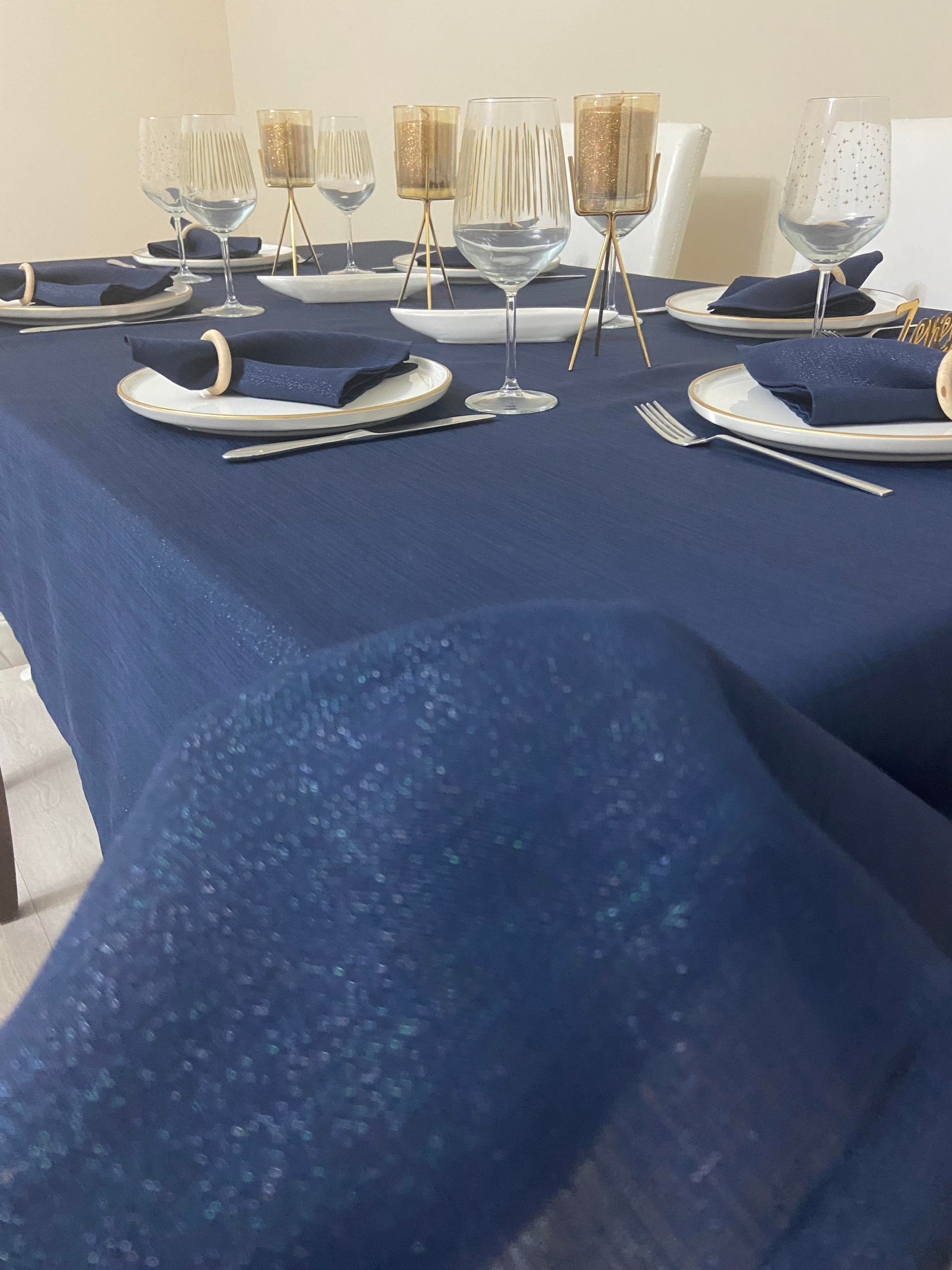 Zeren Home Polyester Keten Simli Oval Masa Örtüsü Lacivert + 6 Peçete