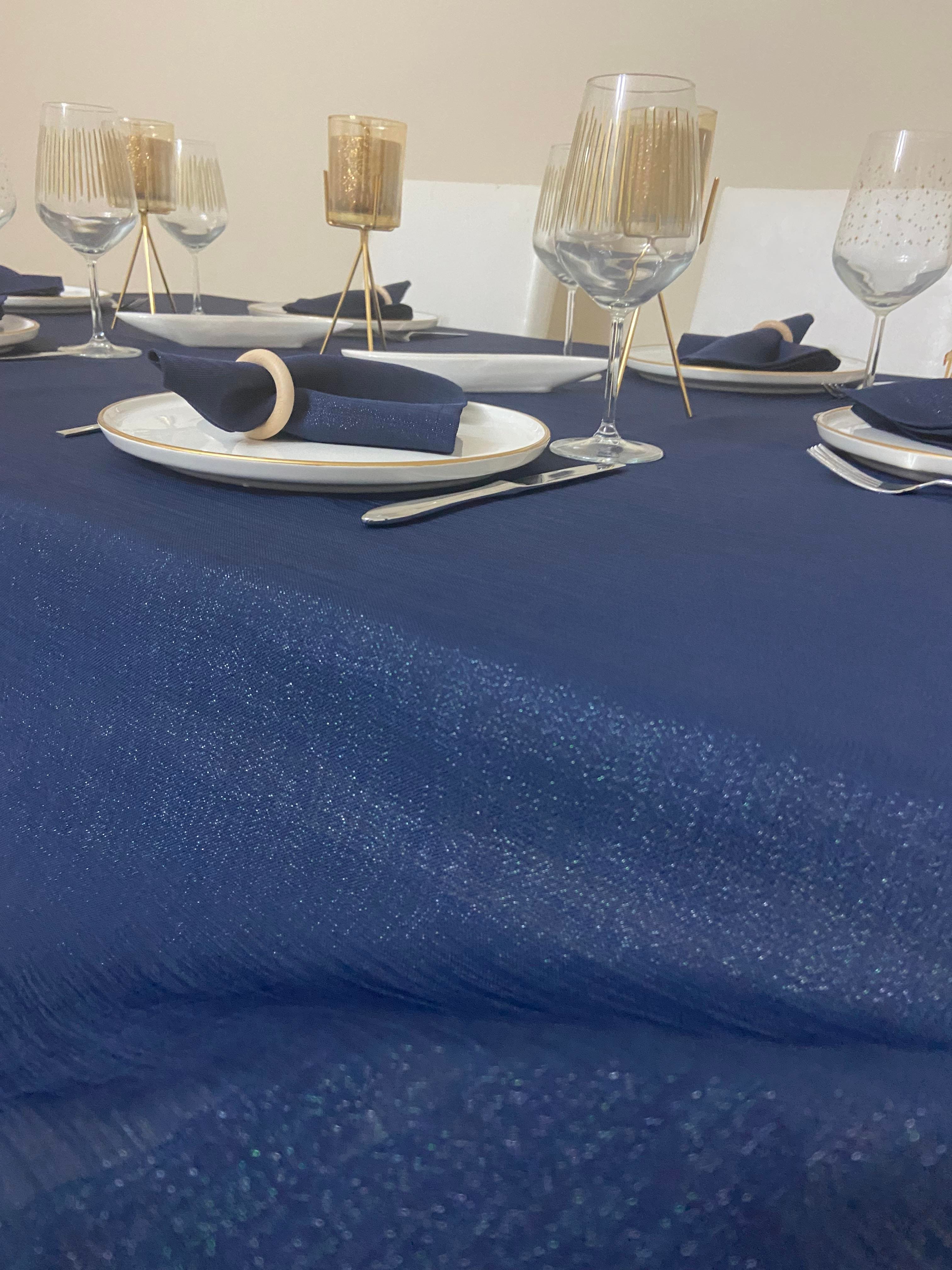 Zeren Home Polyester Keten Simli Oval Masa Örtüsü Lacivert + 6 Peçete