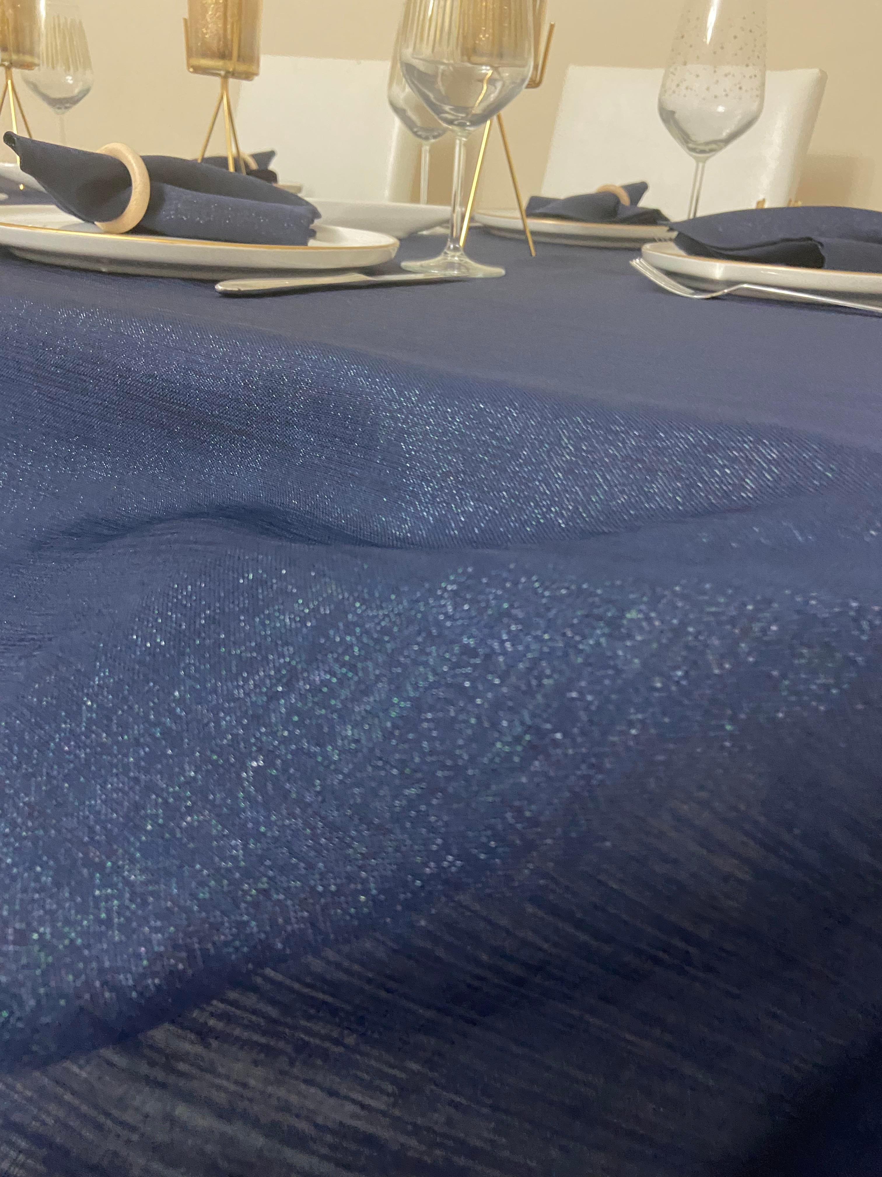 Zeren Home Polyester Keten Simli Oval Masa Örtüsü Lacivert + 6 Peçete
