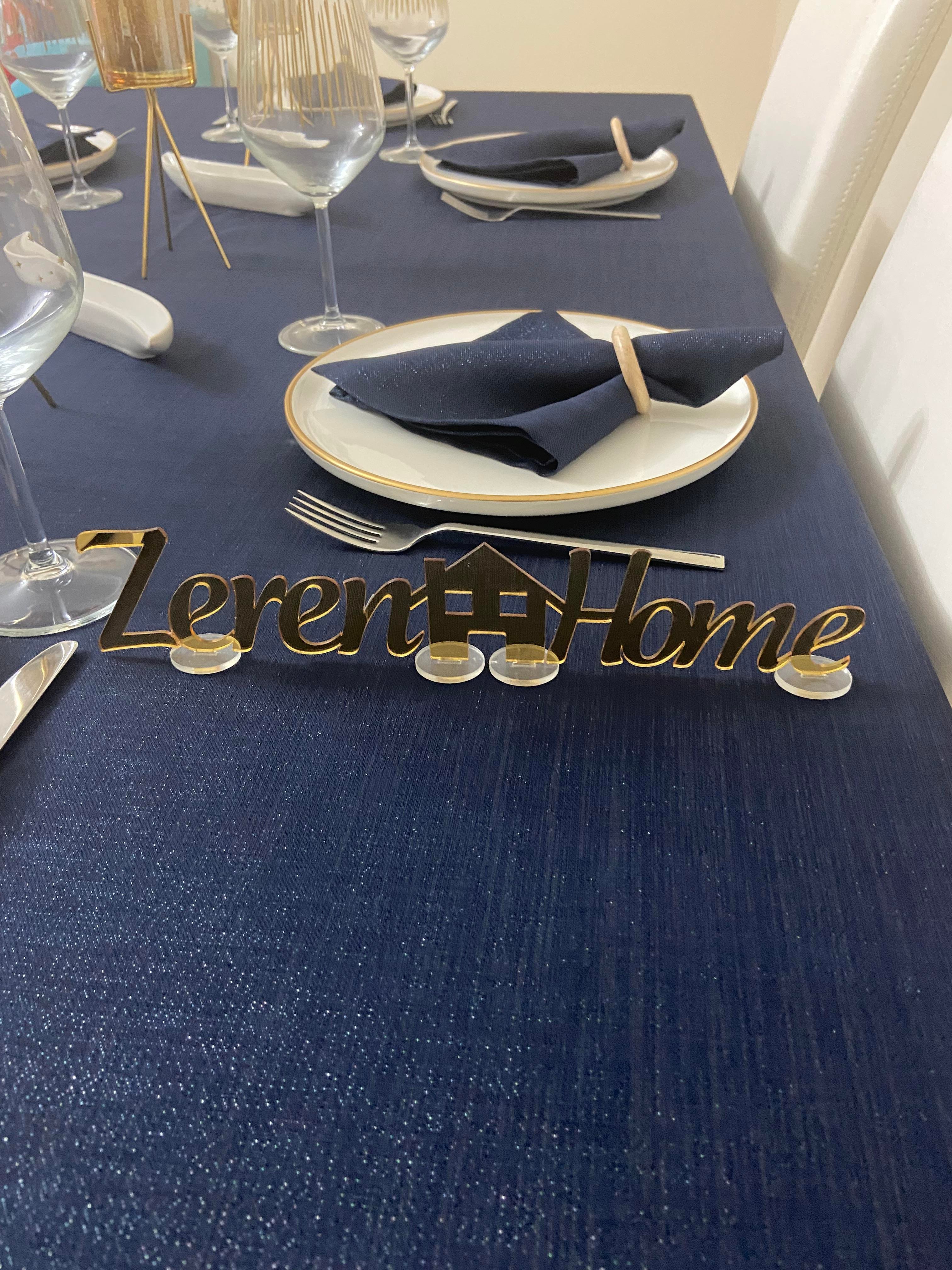 Zeren Home Polyester Keten Simli Oval Masa Örtüsü Lacivert + 6 Peçete