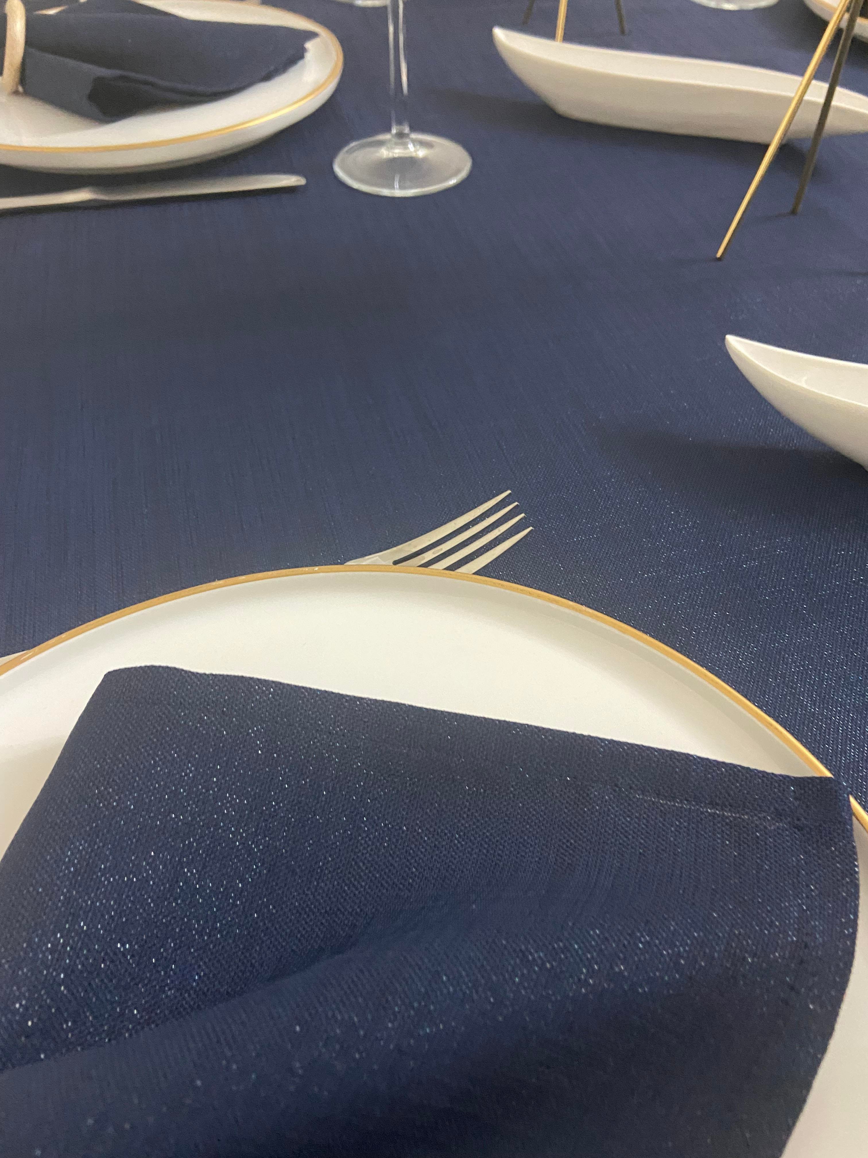 Zeren Home Polyester Keten Simli Oval Masa Örtüsü Lacivert + 6 Peçete