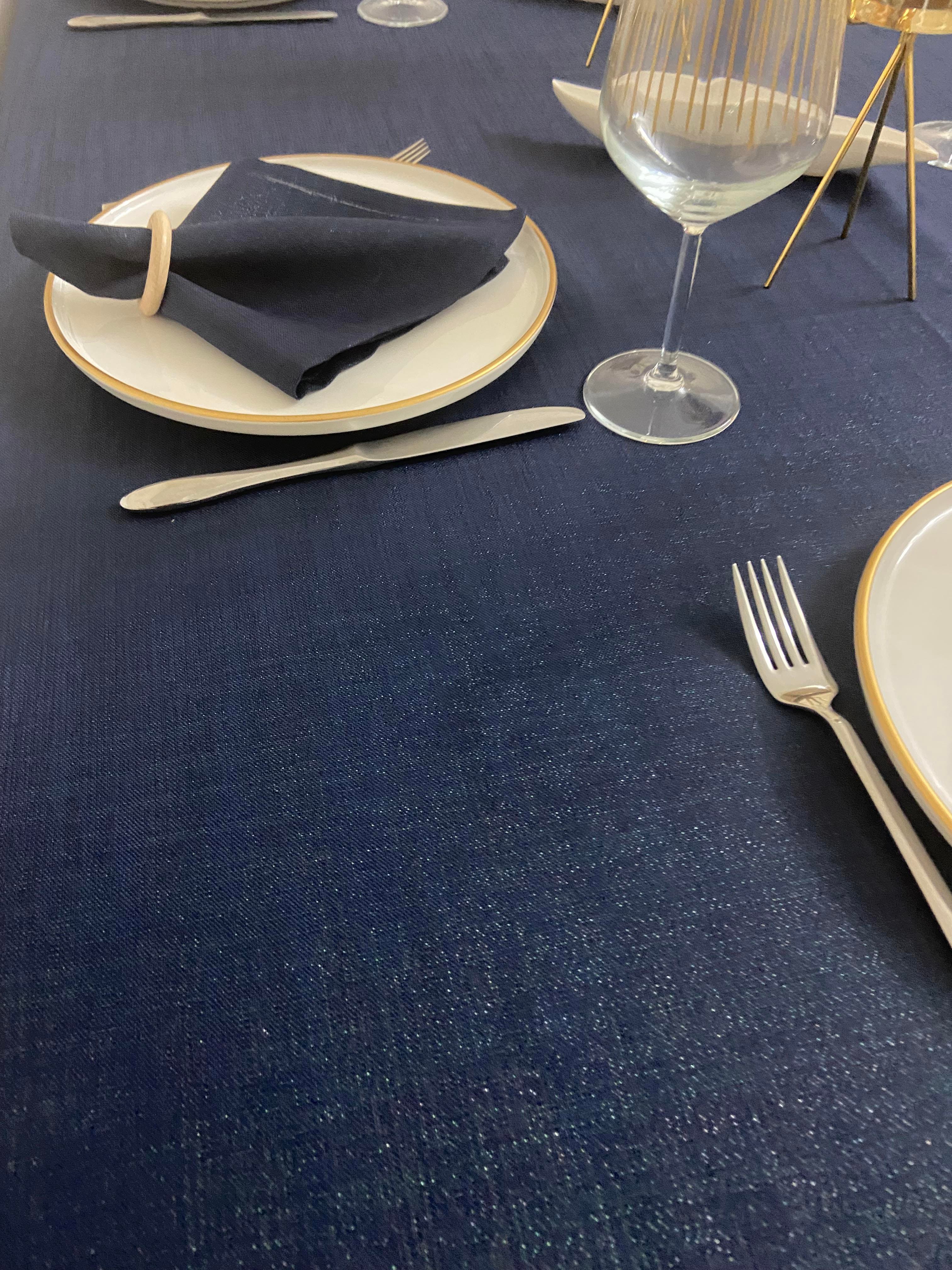 Zeren Home Polyester Keten Simli Oval Masa Örtüsü Lacivert + 6 Peçete