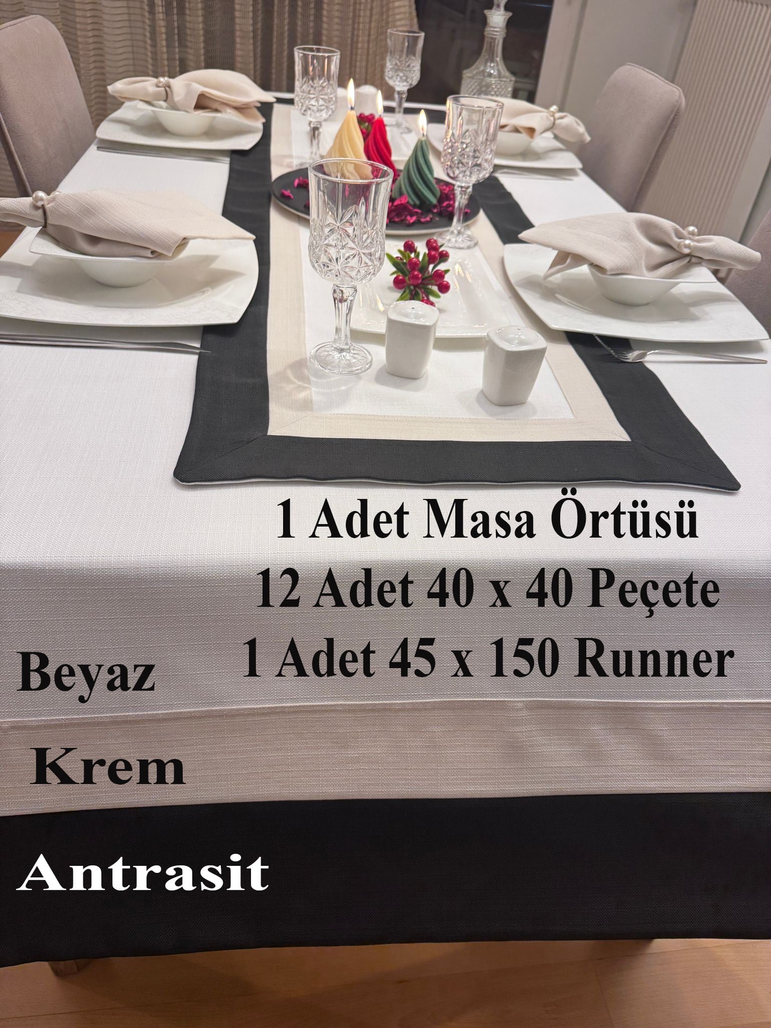 Zeren Home Swan Assos Premium Dertsiz Masa Örtüsü 14 Parça Takım Antrasit