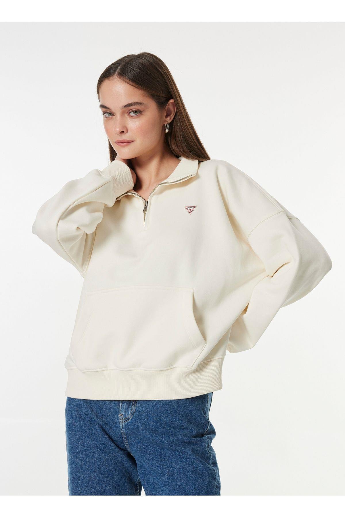 Jeans Fermuarlı Yaka Desenli Krem Kadın Sweatshırt GJ HALF ZIP OS MINI - ORGANIC CO/PL