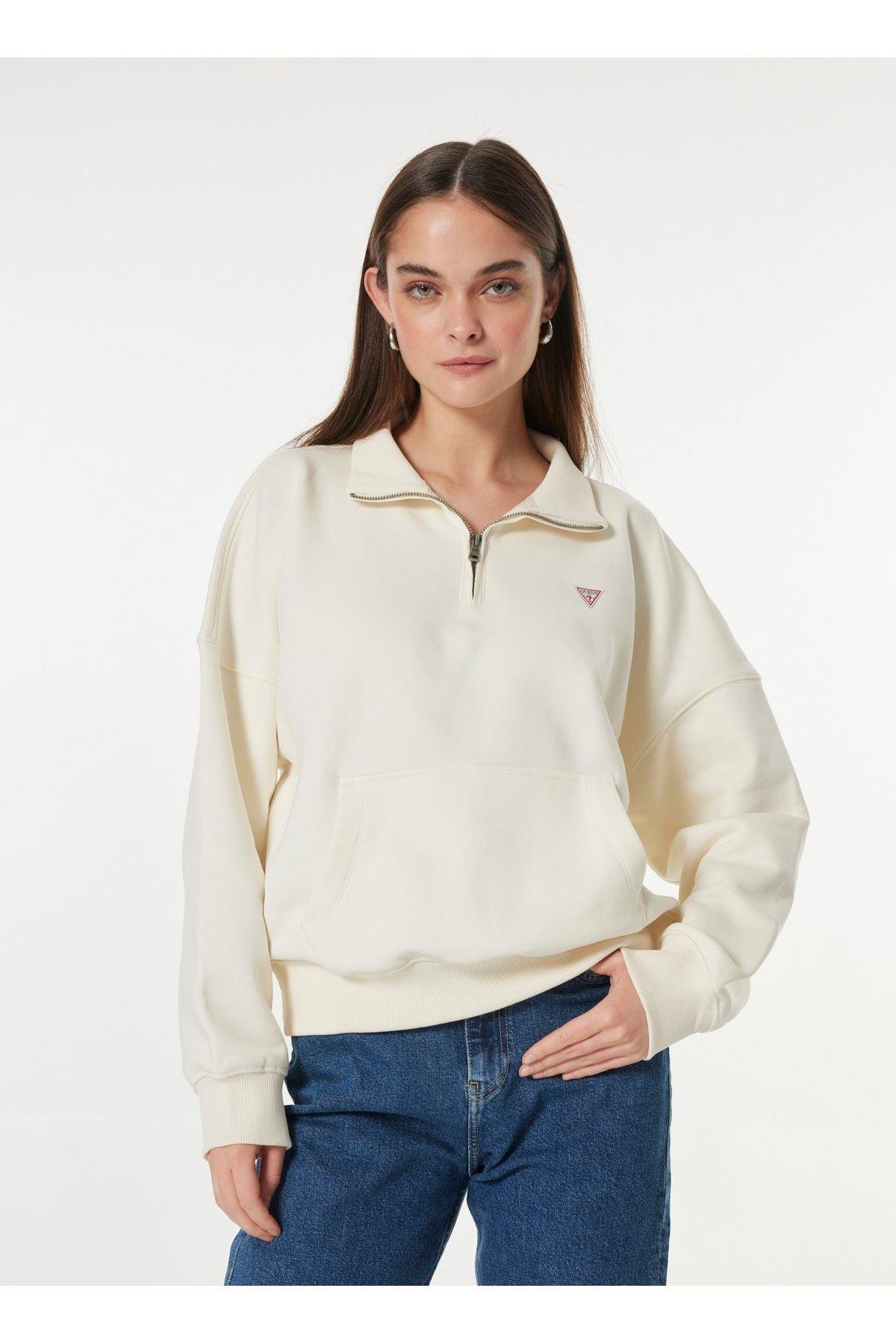 Jeans Fermuarlı Yaka Desenli Krem Kadın Sweatshırt GJ HALF ZIP OS MINI - ORGANIC CO/PL