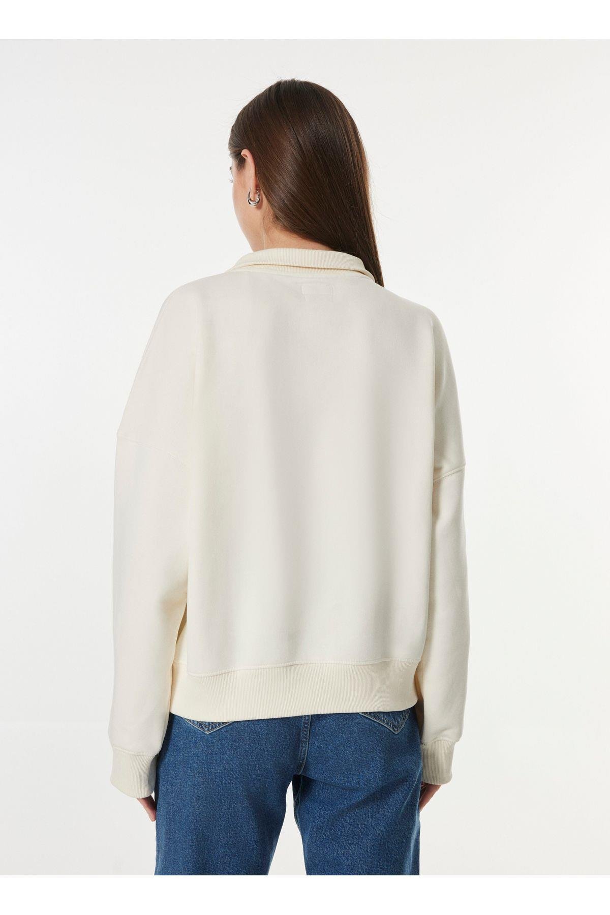 Jeans Fermuarlı Yaka Desenli Krem Kadın Sweatshırt GJ HALF ZIP OS MINI - ORGANIC CO/PL