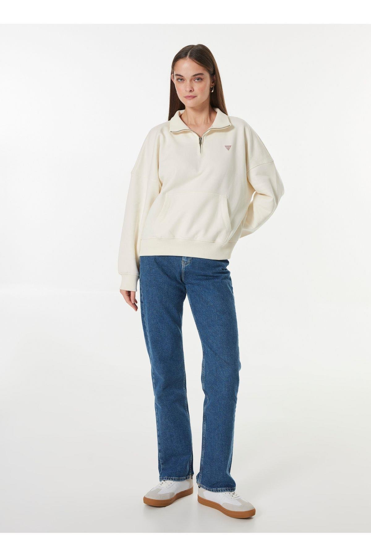 Jeans Fermuarlı Yaka Desenli Krem Kadın Sweatshırt GJ HALF ZIP OS MINI - ORGANIC CO/PL