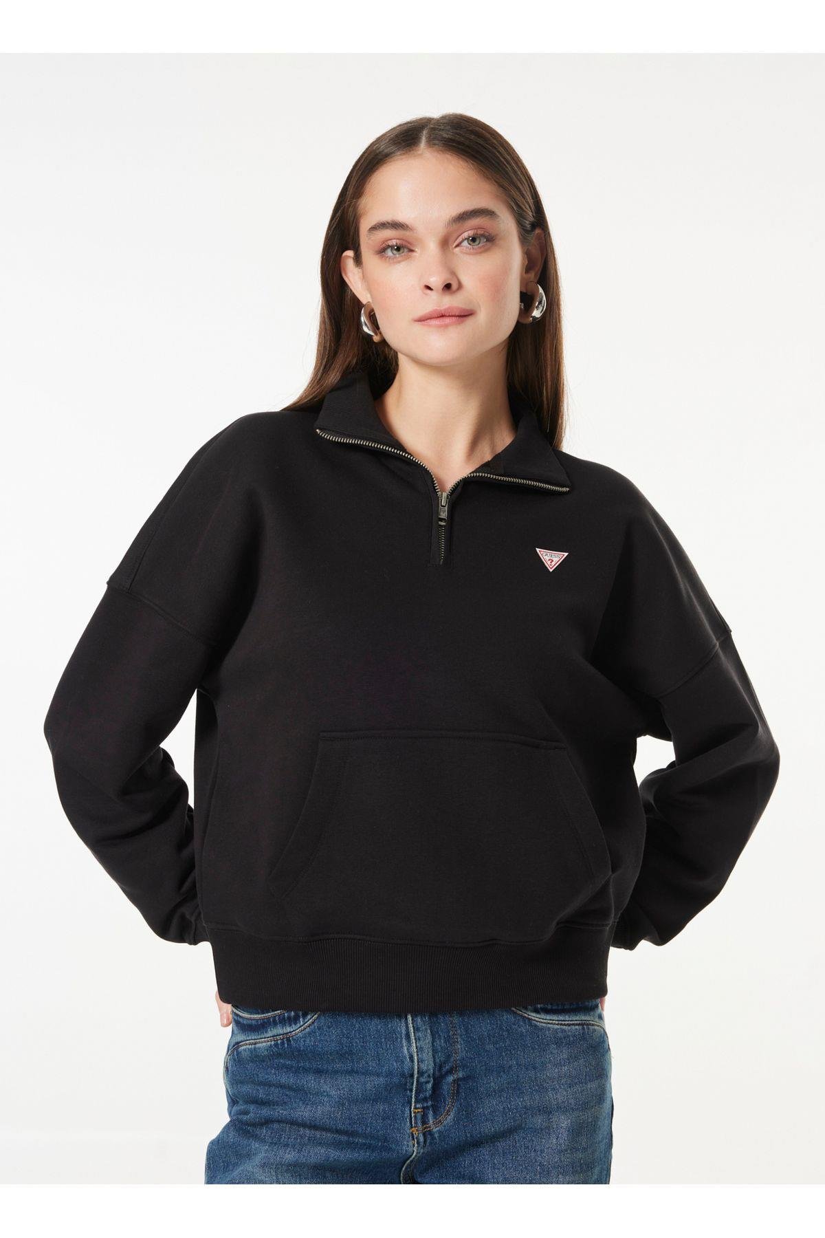 Jeans Fermuarlı Yaka Desenli Siyah Kadın Sweatshırt GJ HALF ZIP OS MINI - ORGANIC CO/PL