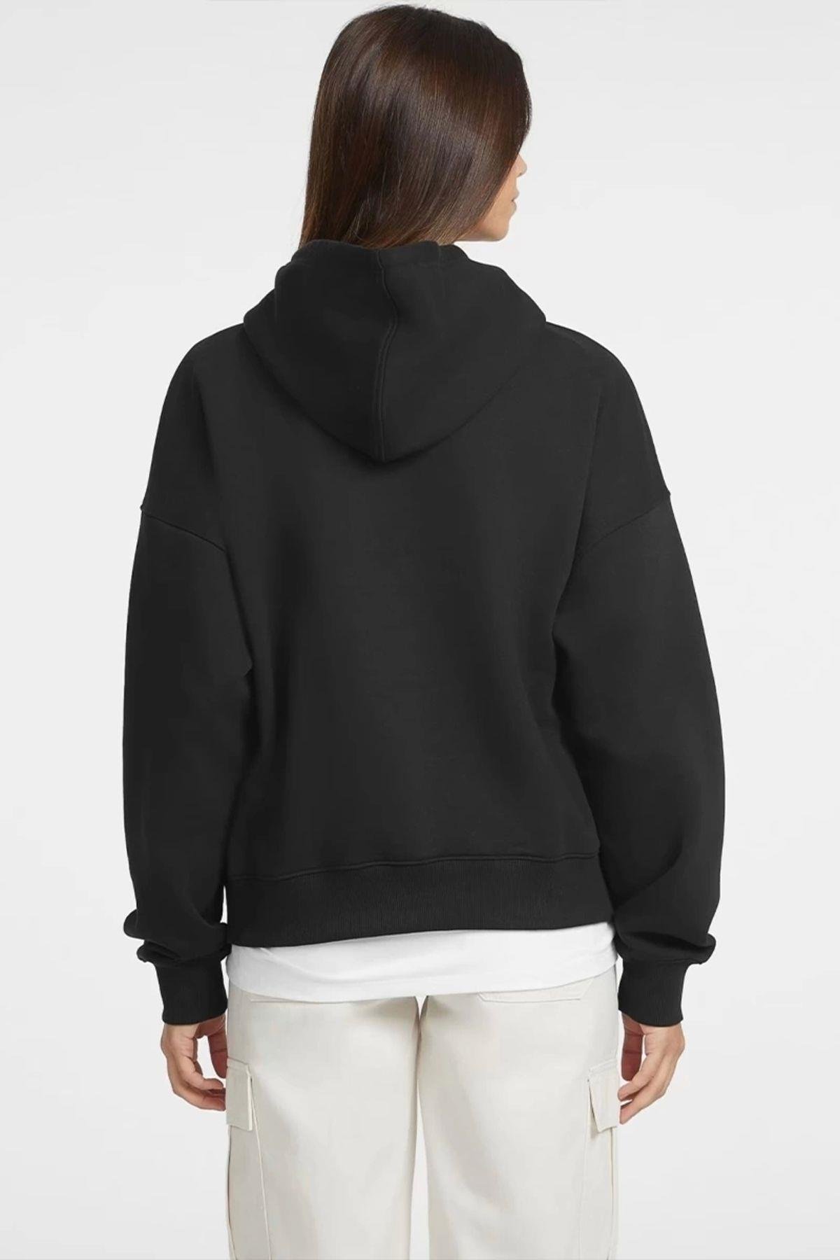 Jeans Kadın Kapüşonlu Oversize Siyah Sweatshirt
