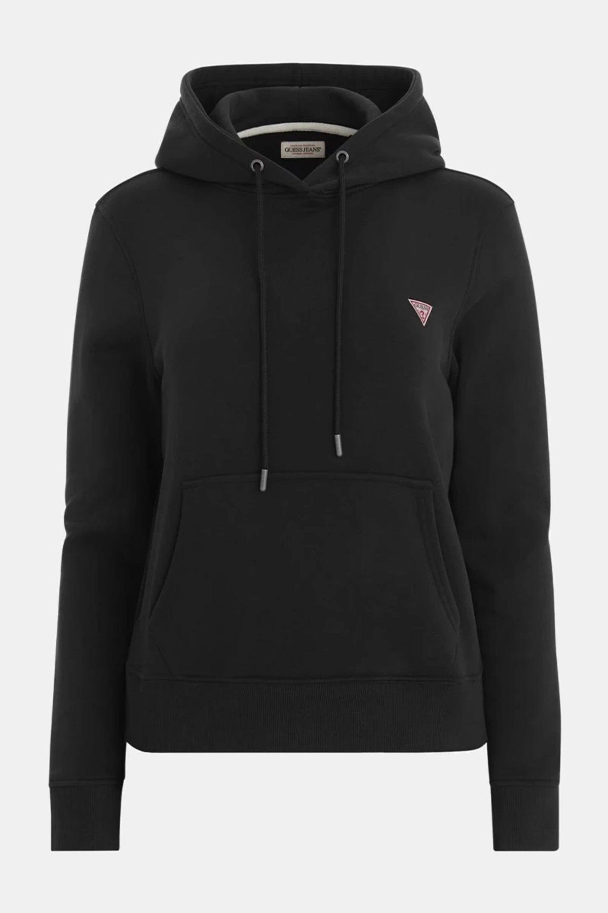 Jeans Kadın Polarlı Logolu Kapüşonlu Siyah Sweatshirt
