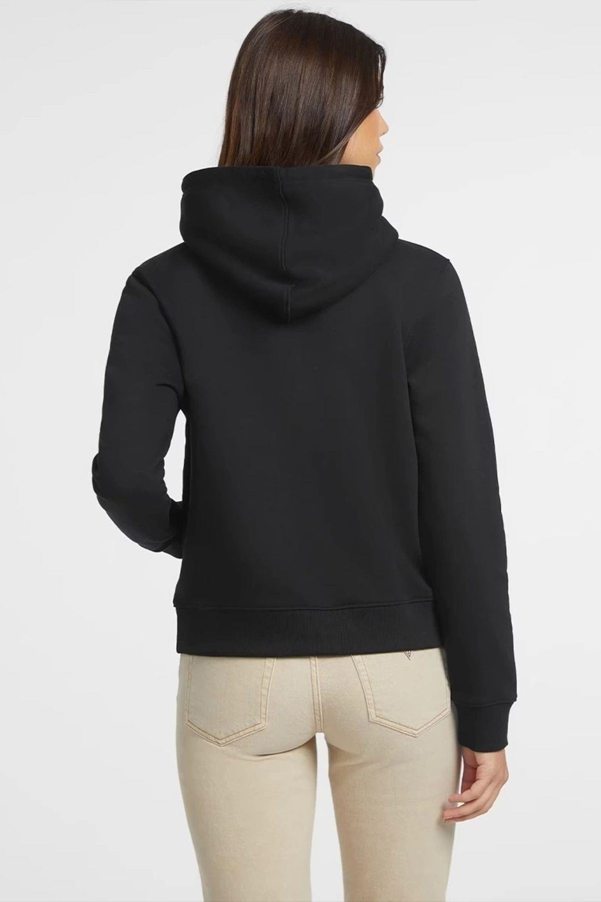 Jeans Kadın Polarlı Logolu Kapüşonlu Siyah Sweatshirt