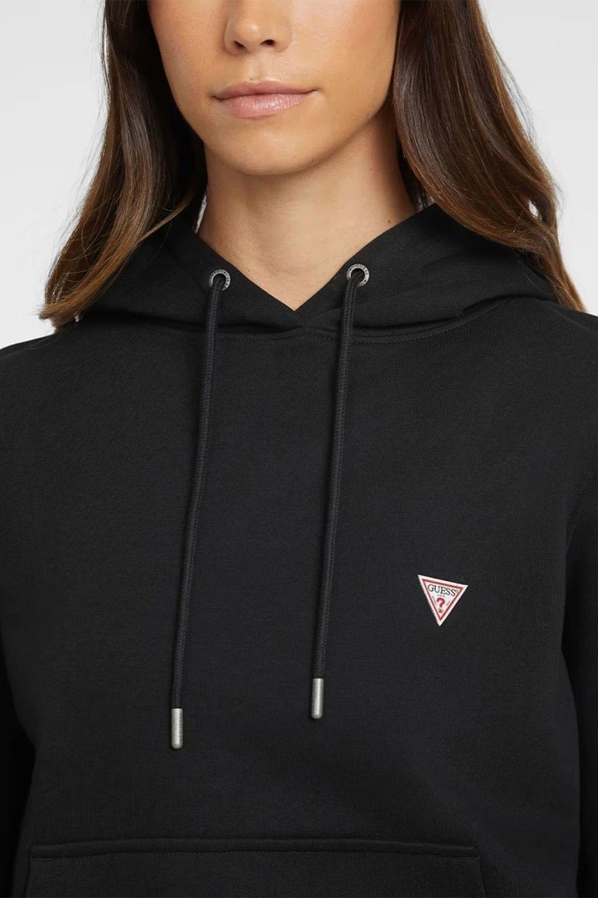 Jeans Kadın Polarlı Logolu Kapüşonlu Siyah Sweatshirt