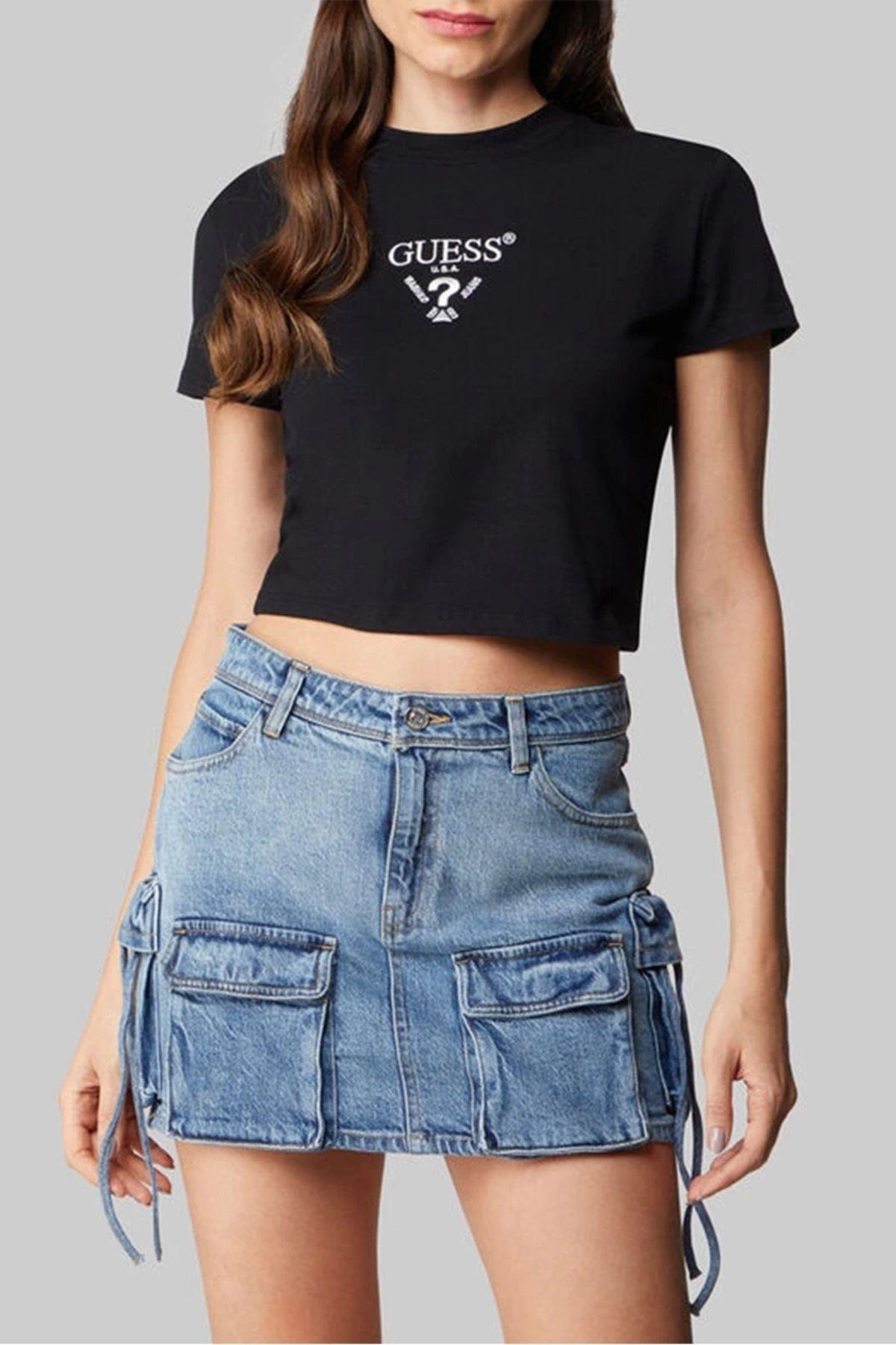 Kadın Kısa Kollu Siyah Crop T-shirt