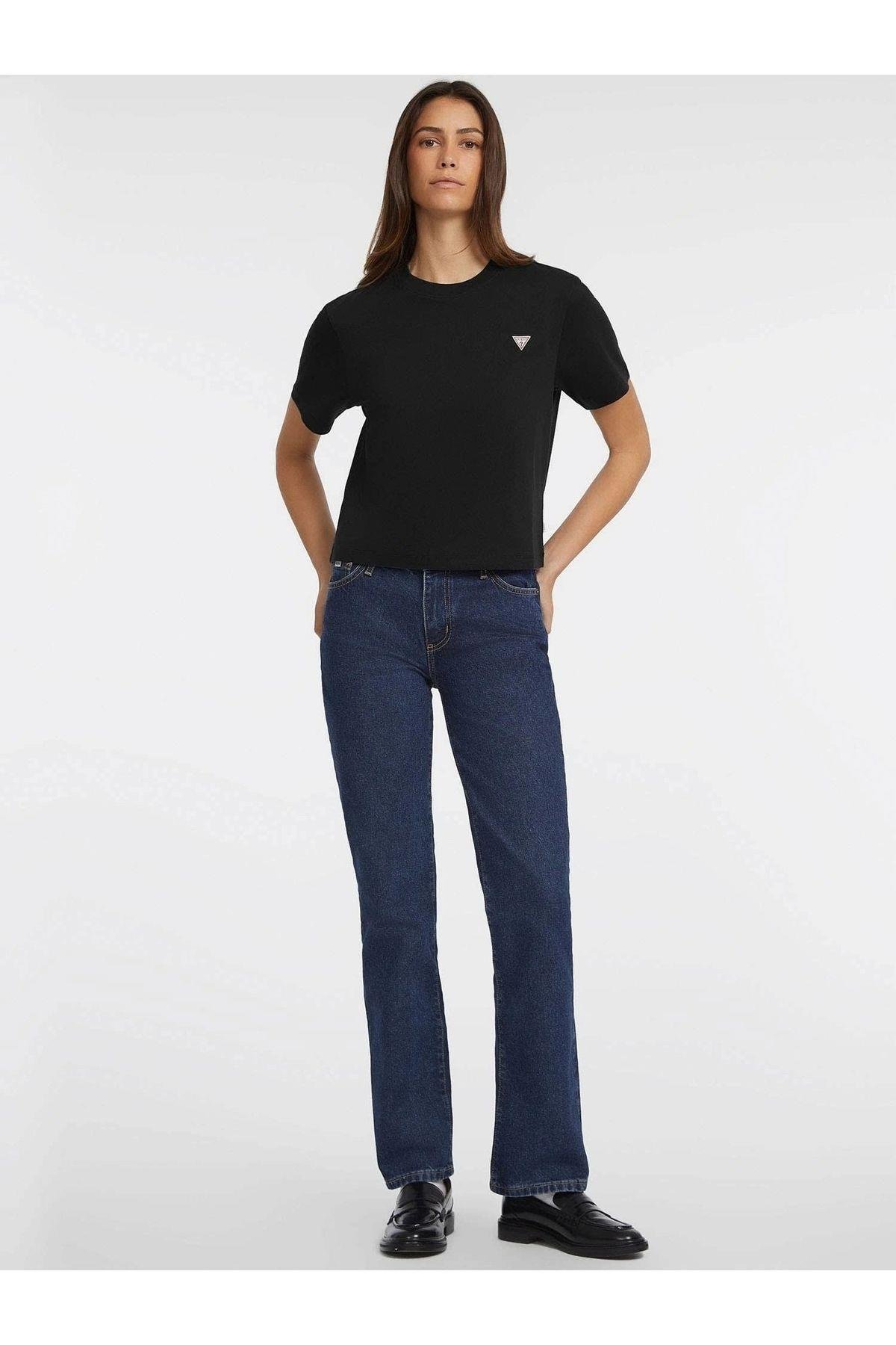 Kadın Siyah Boxy Mini Üçgen Logolu T-shirt