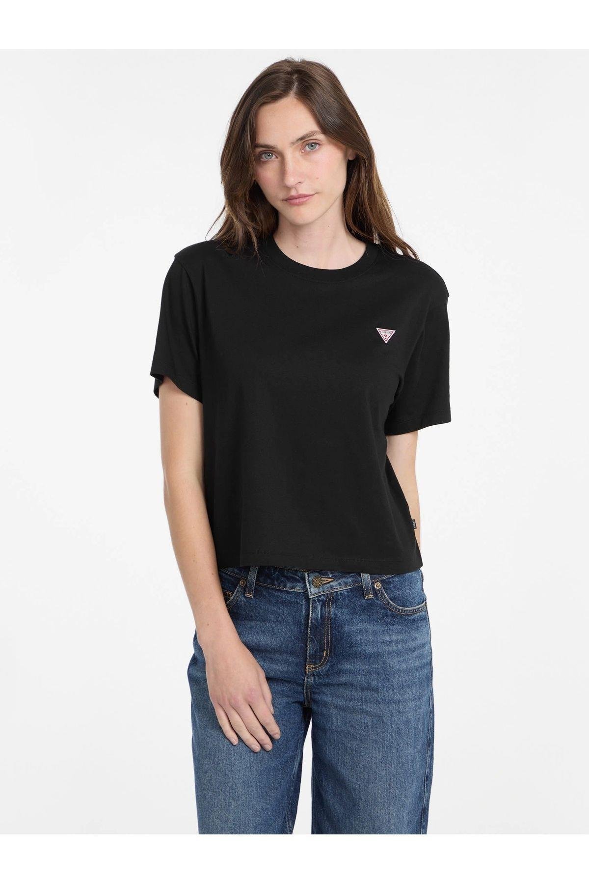 Kadın Siyah Boxy Mini Üçgen Logolu T-shirt