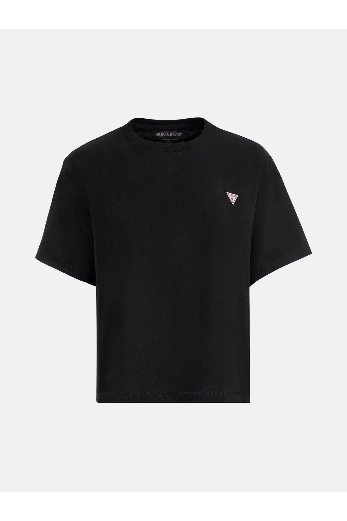 Kadın Siyah Boxy Mini Üçgen Logolu T-shirt