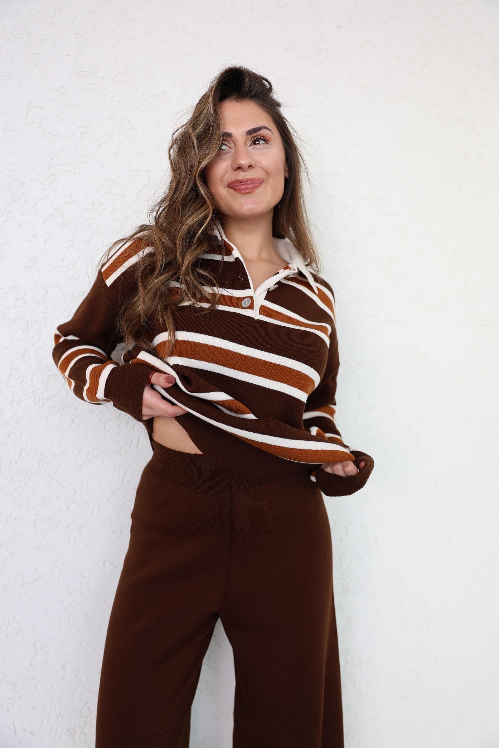 Pantolon TakımÇizgili Polo Yaka Pantolon Takım