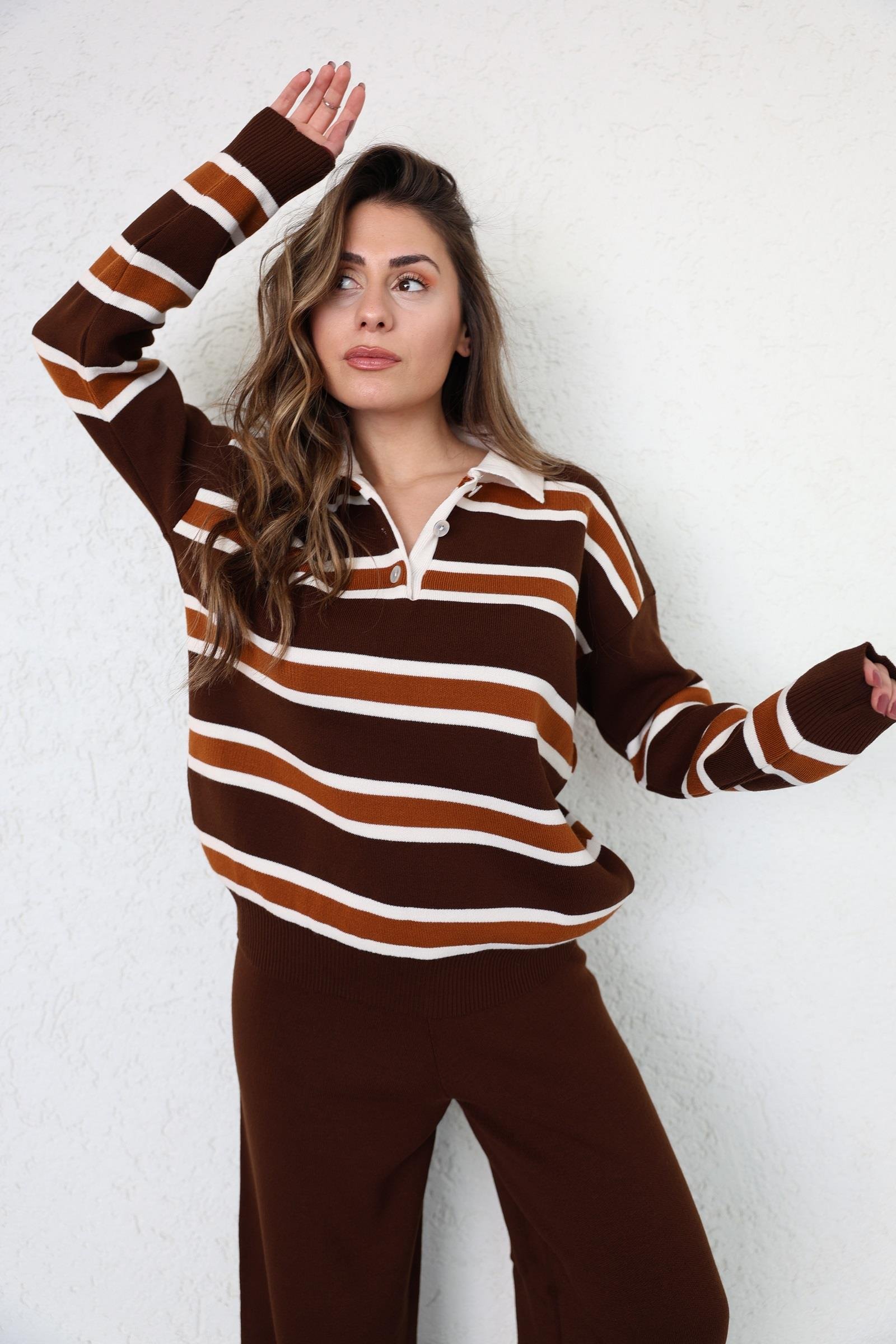 Pantolon TakımÇizgili Polo Yaka Pantolon Takım