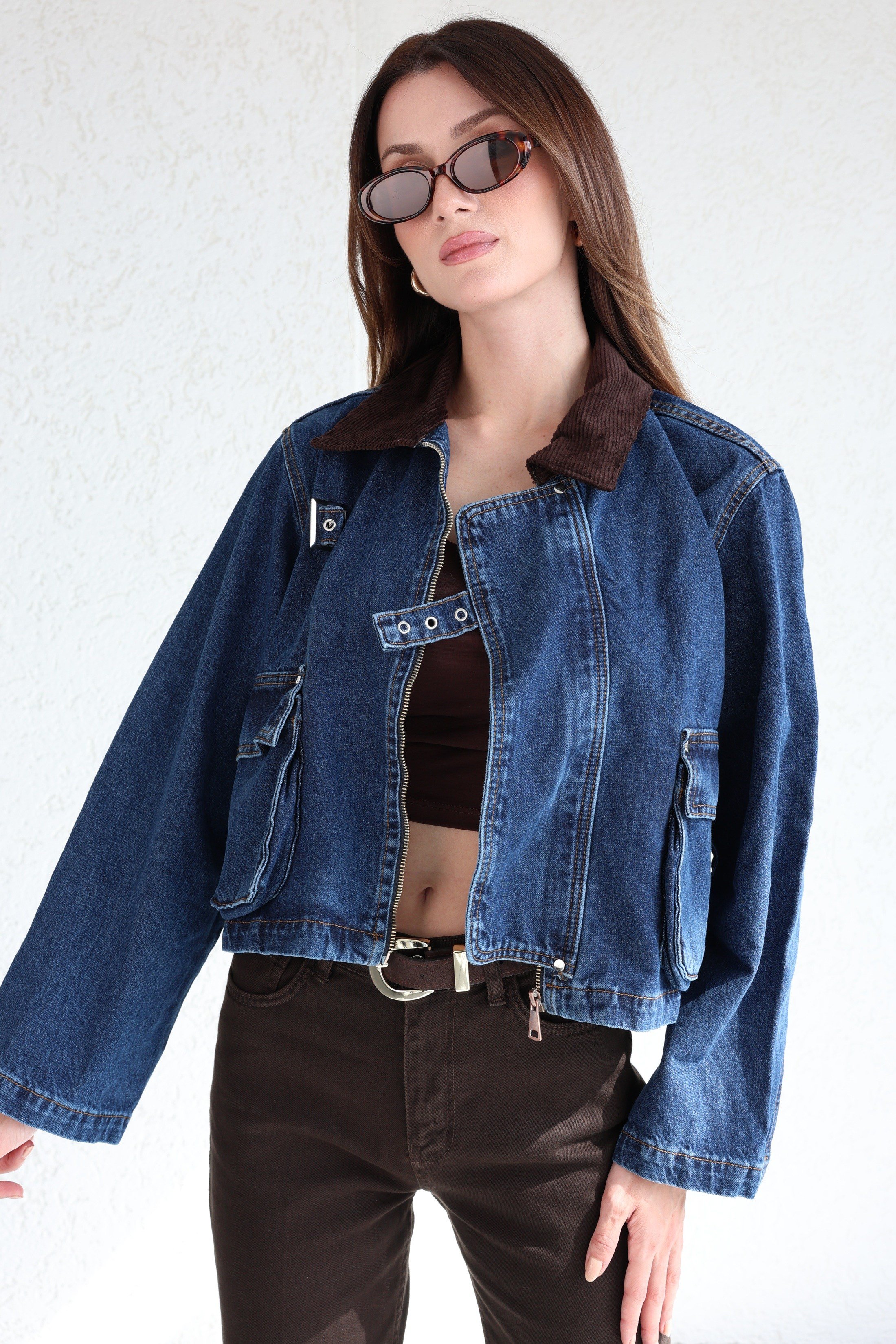 CeketSüet Yakalı Kemerli Kot Ceket